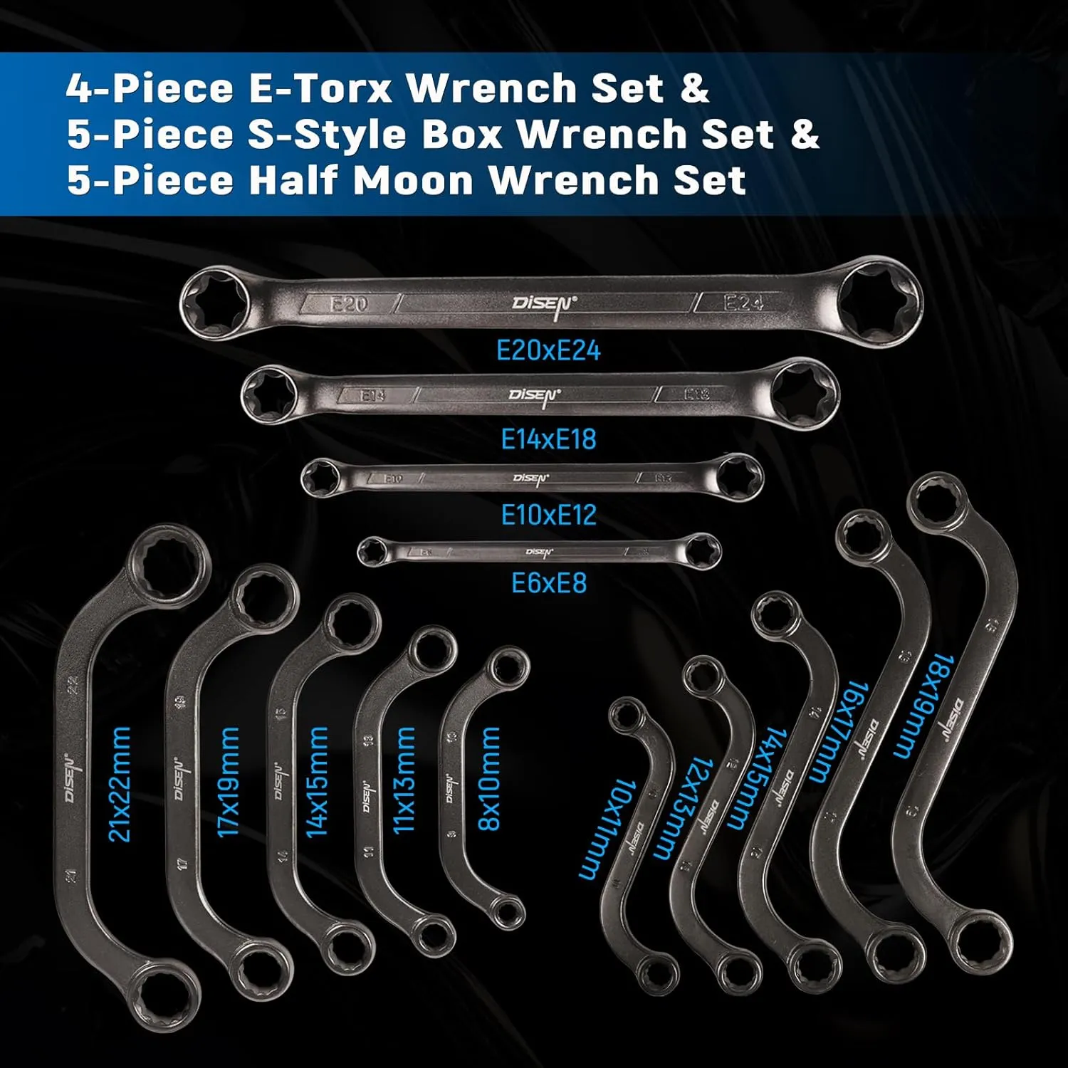 DISEN 14-Piece Half Moon&S-Style & E-Torx Wrench Set, CR-V, Wrench 5-Piece Half Moon Box Set Metric 8mm to 22mm,4-Piece E-Torx E6-E24,5-Piece S-Style Box 10-19mm,12 Point, EVA Foam Tool Organizer