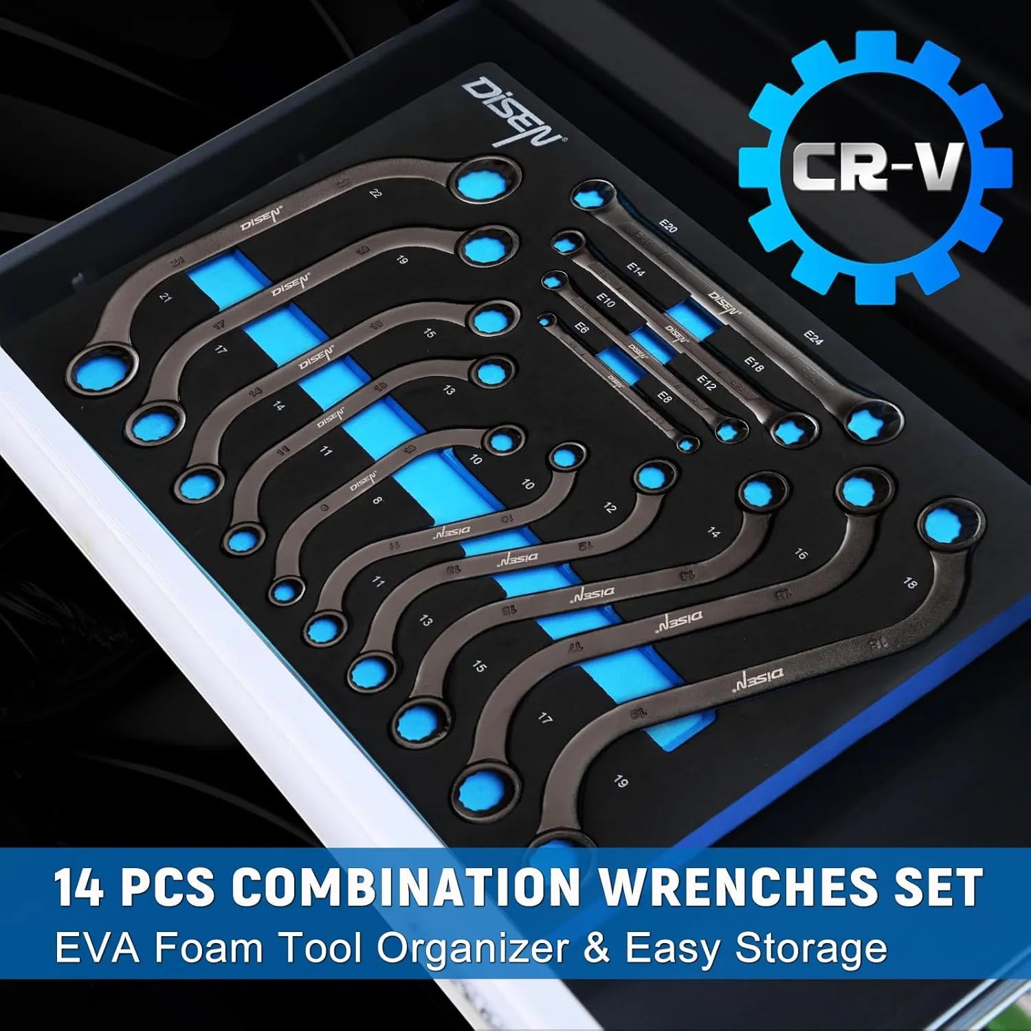 DISEN 14-Piece Half Moon&S-Style & E-Torx Wrench Set, CR-V, Wrench 5-Piece Half Moon Box Set Metric 8mm to 22mm,4-Piece E-Torx E6-E24,5-Piece S-Style Box 10-19mm,12 Point, EVA Foam Tool Organizer