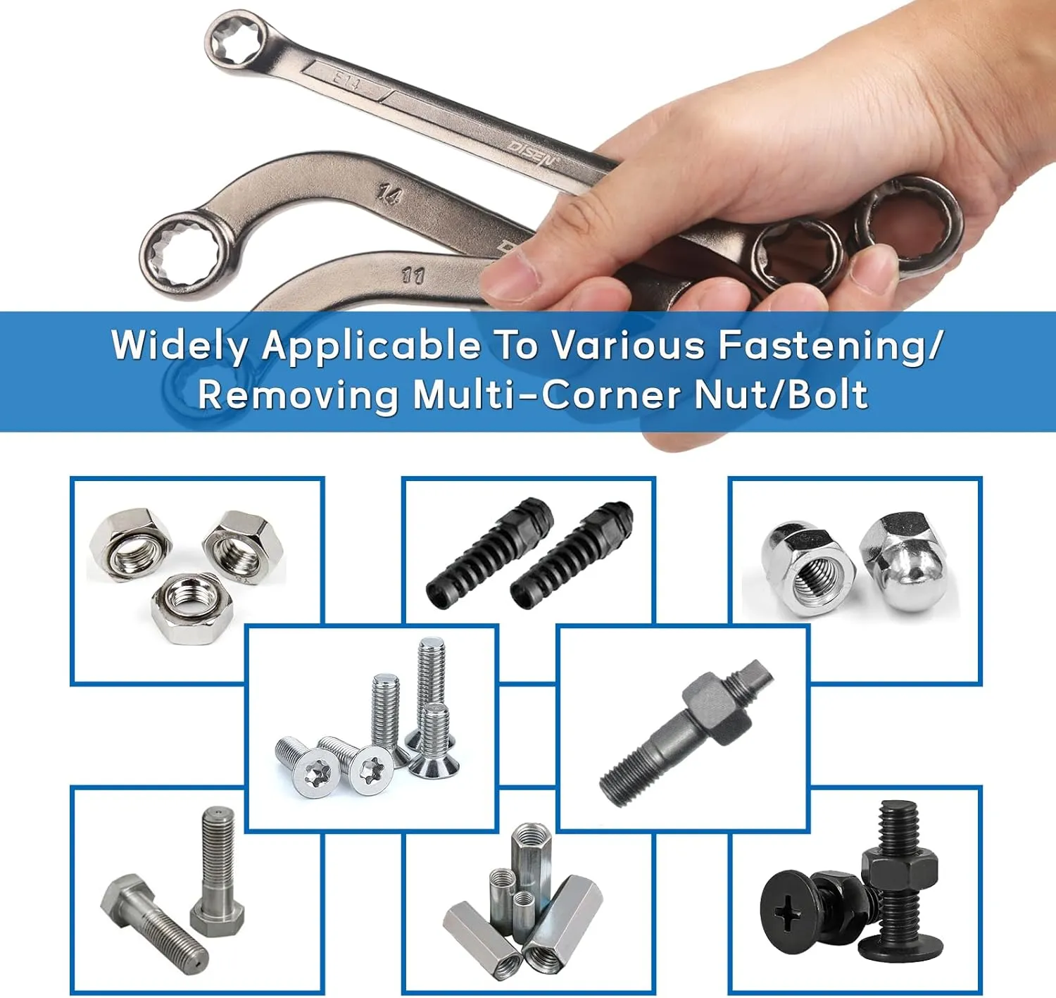 DISEN 14-Piece Half Moon&S-Style & E-Torx Wrench Set, CR-V, Wrench 5-Piece Half Moon Box Set Metric 8mm to 22mm,4-Piece E-Torx E6-E24,5-Piece S-Style Box 10-19mm,12 Point, EVA Foam Tool Organizer