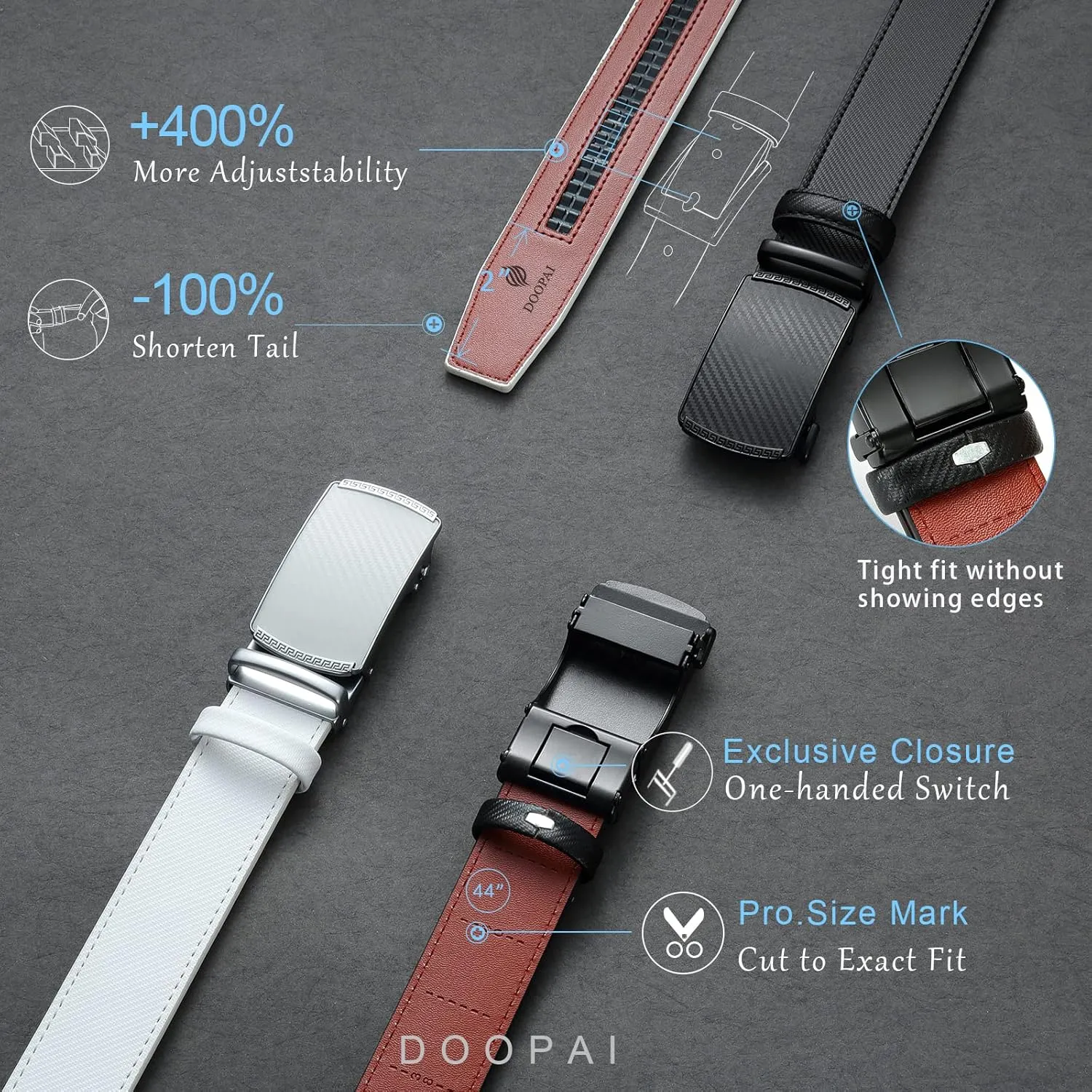 DOOPAI Men's 2 Pack Ratchet Dress Belt - Adjustable 1 3/8" Genuine Leather, Size Length Can Be Cut, With Gift Box