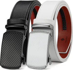 DOOPAI Men's 2 Pack Ratchet Dress Belt - Adjustable 1 3/8" Genuine Leather, Size Length Can Be Cut, With Gift Box