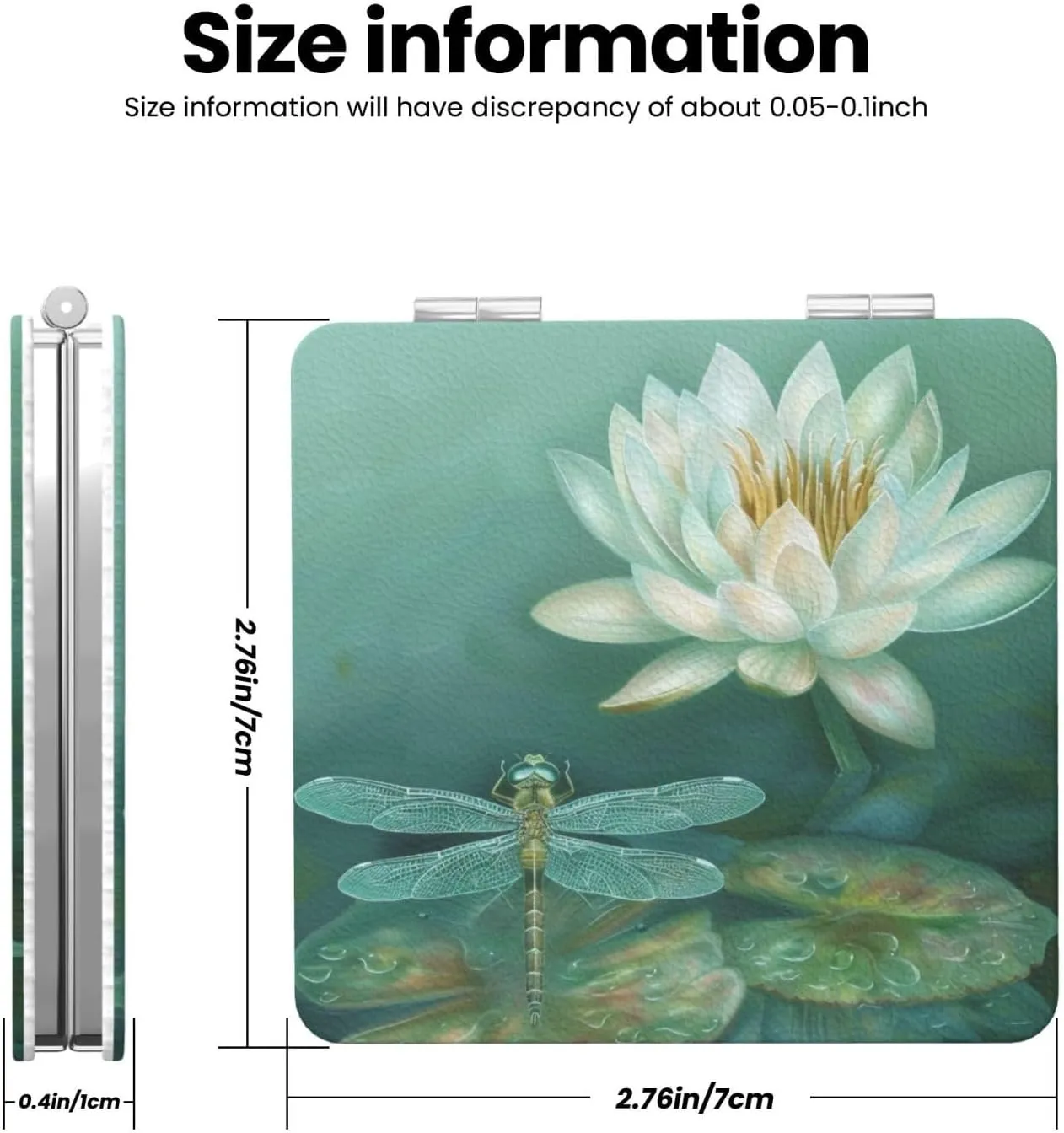 Dragonfly with Water Lily Printed Square Pocket Makeup Mirror with 1X/2X Magnification, Portable Mini Travel Makeup Mirror for Travel Daily Work Beauty
