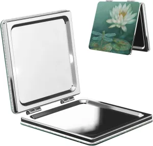 Dragonfly with Water Lily Printed Square Pocket Makeup Mirror with 1X/2X Magnification, Portable Mini Travel Makeup Mirror for Travel Daily Work Beauty