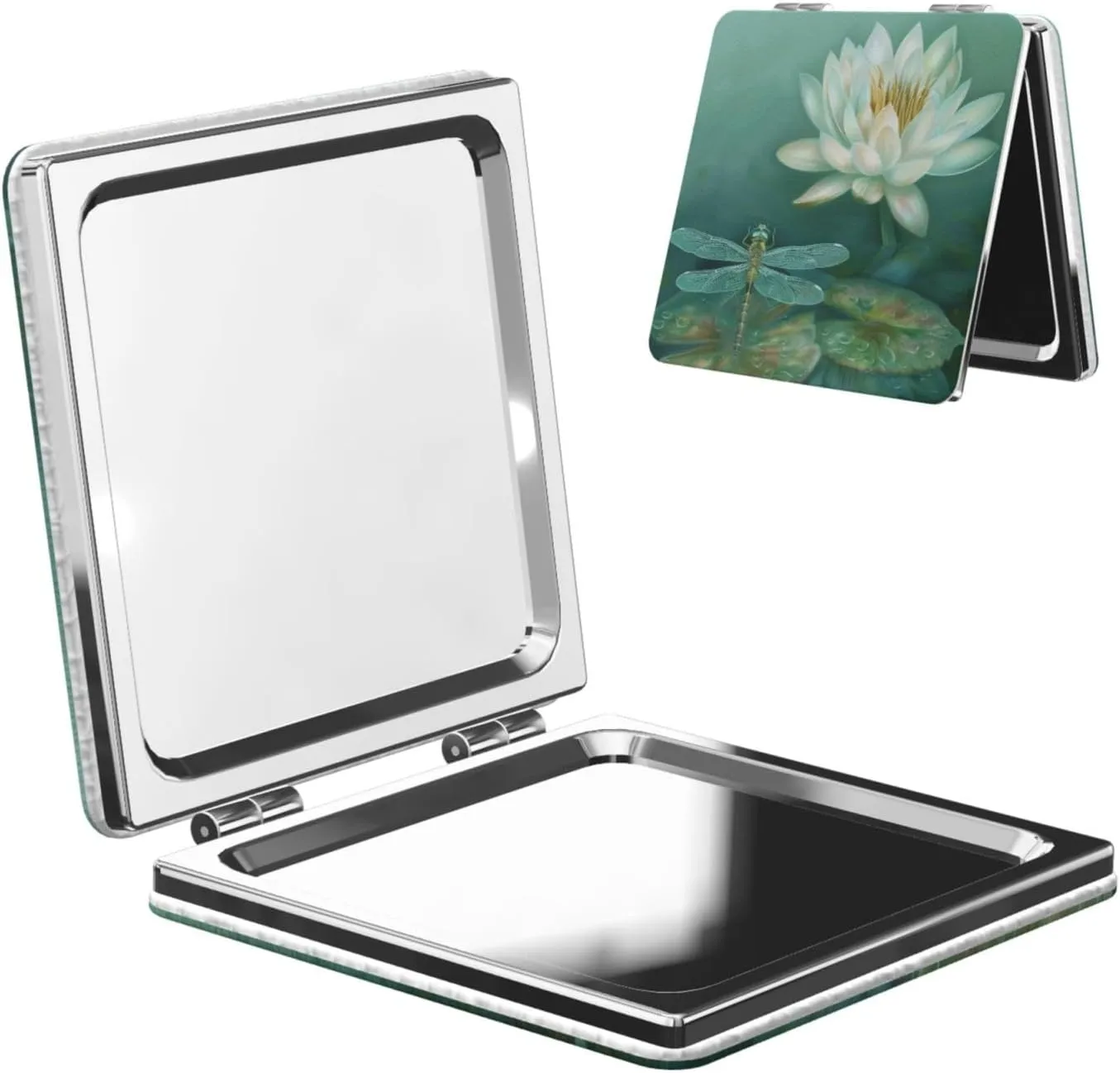 Dragonfly with Water Lily Printed Square Pocket Makeup Mirror with 1X/2X Magnification, Portable Mini Travel Makeup Mirror for Travel Daily Work Beauty