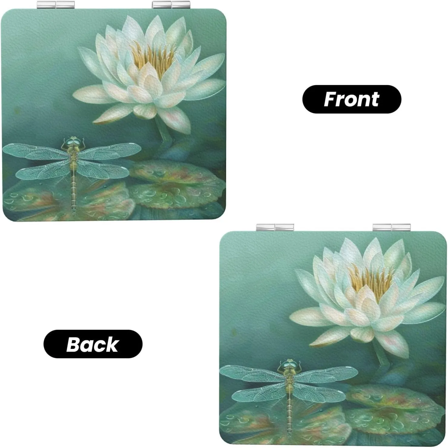 Dragonfly with Water Lily Printed Square Pocket Makeup Mirror with 1X/2X Magnification, Portable Mini Travel Makeup Mirror for Travel Daily Work Beauty