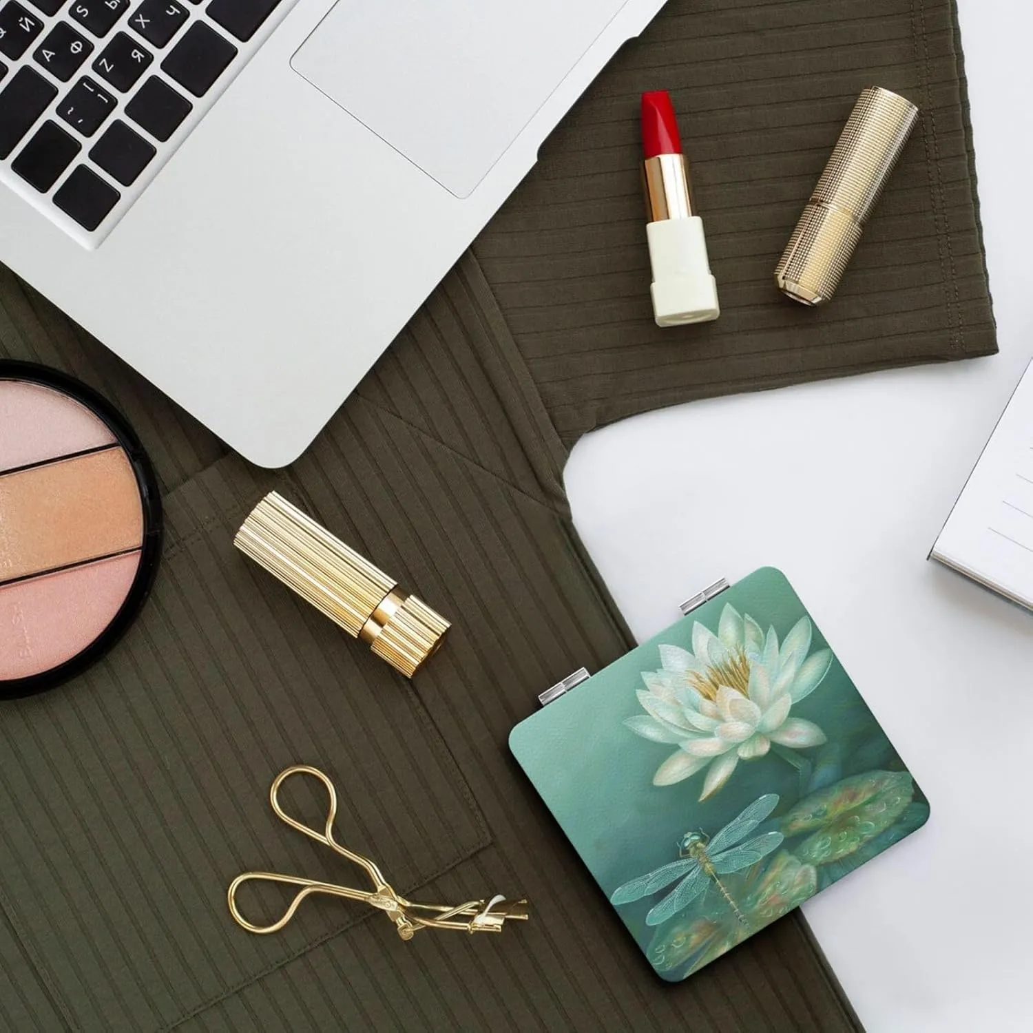 Dragonfly with Water Lily Printed Square Pocket Makeup Mirror with 1X/2X Magnification, Portable Mini Travel Makeup Mirror for Travel Daily Work Beauty