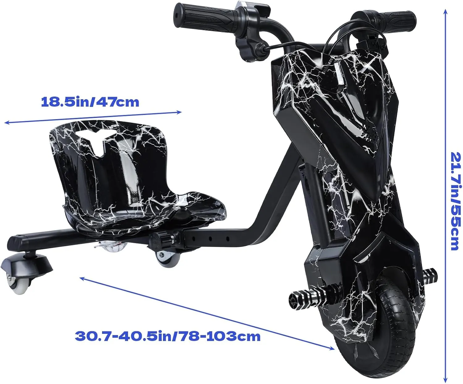 Drift Trike, Kid Ride on Tricycles, Big Wheel Drifting Tricycle for Ages 8 , Ride-On Kids Tricycle with Adjustable Seat, Adjustable Length, with Light, Button Throttle Function Black White U