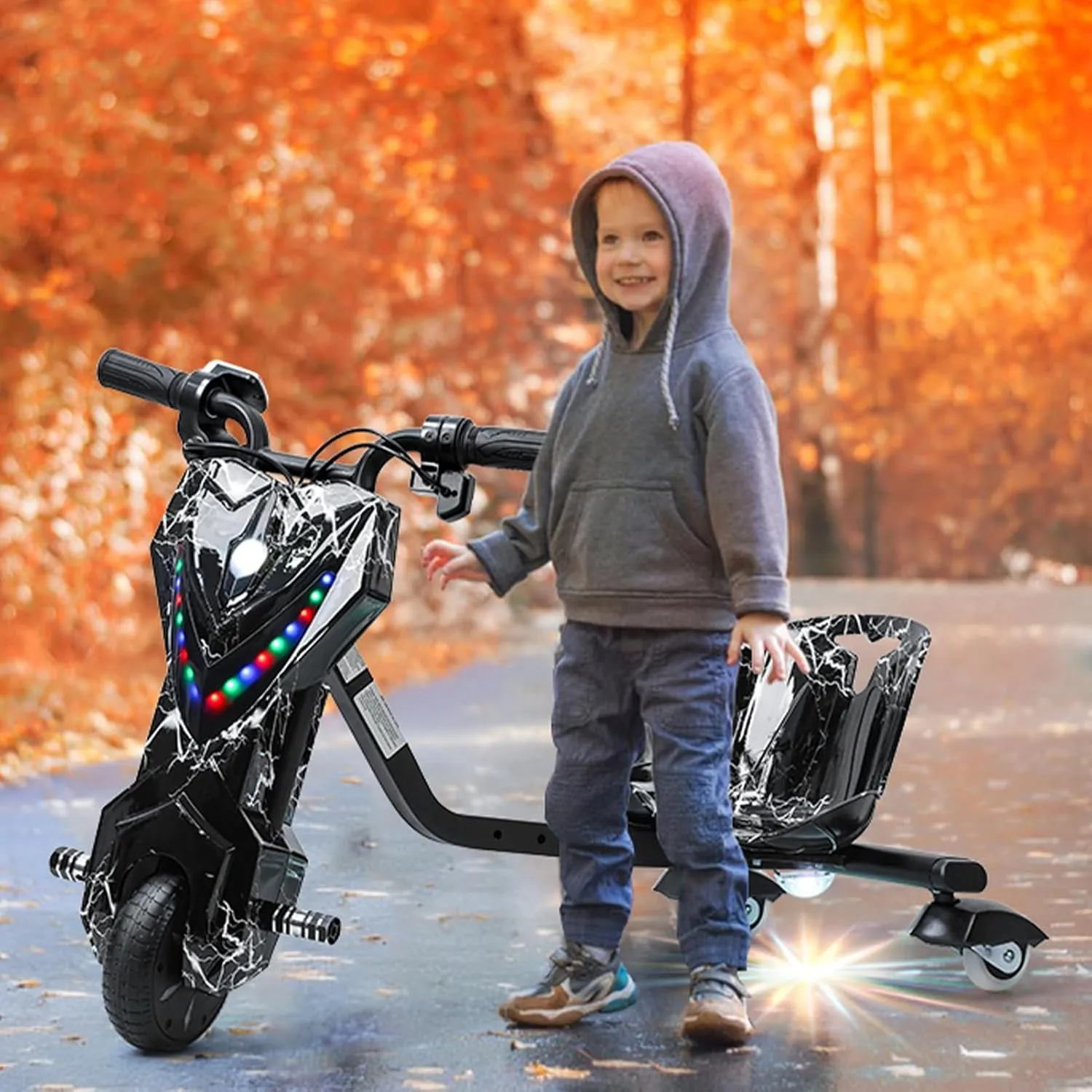 Drift Trike, Kid Ride on Tricycles, Big Wheel Drifting Tricycle for Ages 8 , Ride-On Kids Tricycle with Adjustable Seat, Adjustable Length, with Light, Button Throttle Function Black White U