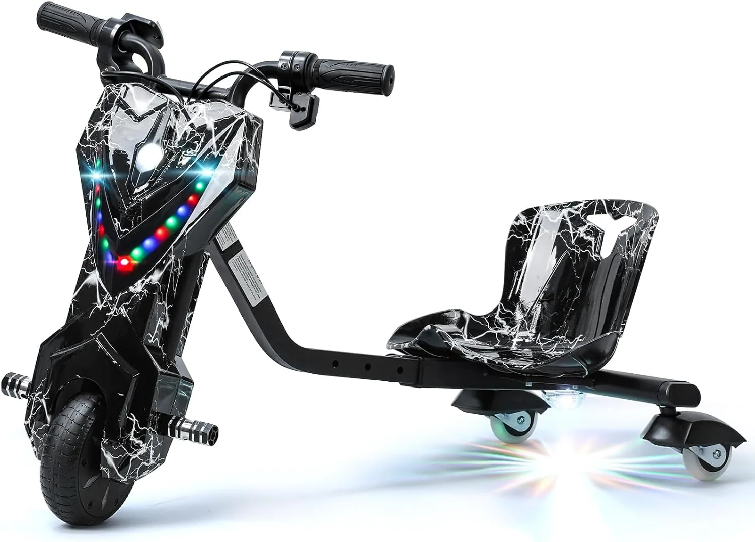 Drift Trike, Kid Ride on Tricycles, Big Wheel Drifting Tricycle for Ages 8 , Ride-On Kids Tricycle with Adjustable Seat, Adjustable Length, with Light, Button Throttle Function Black White U