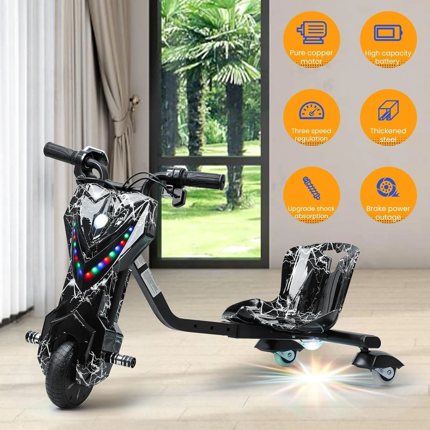 Drift Trike, Kid Ride on Tricycles, Big Wheel Drifting Tricycle for Ages 8 , Ride-On Kids Tricycle with Adjustable Seat, Adjustable Length, with Light, Button Throttle Function Black White U