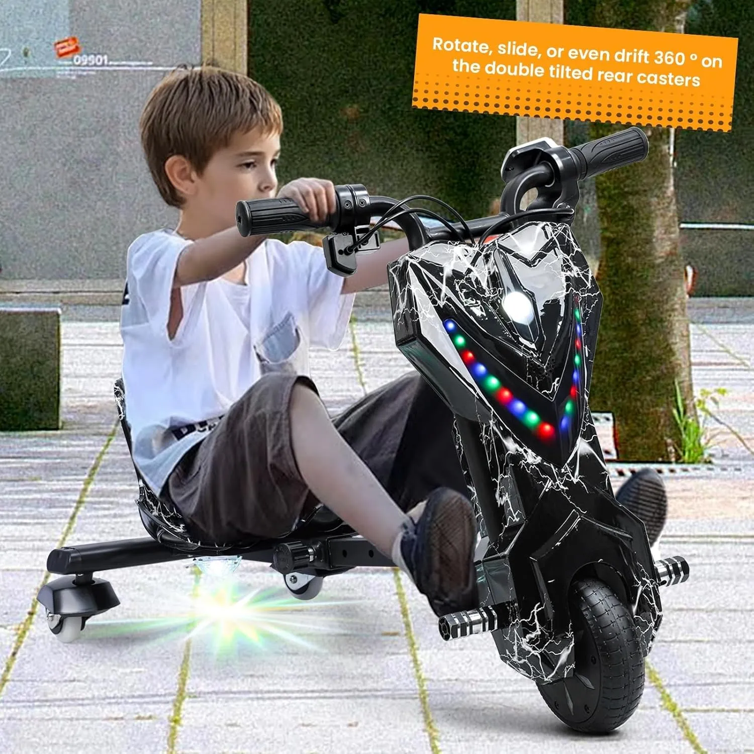 Drift Trike, Kid Ride on Tricycles, Big Wheel Drifting Tricycle for Ages 8 , Ride-On Kids Tricycle with Adjustable Seat, Adjustable Length, with Light, Button Throttle Function Black White U