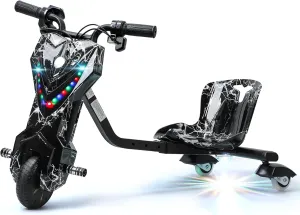Drift Trike, Kid Ride on Tricycles, Big Wheel Drifting Tricycle for Ages 8 , Ride-On Kids Tricycle with Adjustable Seat, Adjustable Length, with Light, Button Throttle Function Black White U