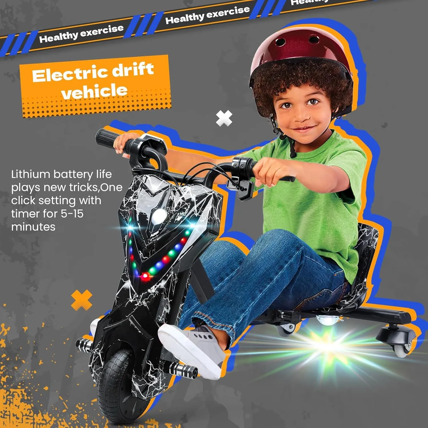 Drift Trike, Kid Ride on Tricycles, Big Wheel Drifting Tricycle for Ages 8 , Ride-On Kids Tricycle with Adjustable Seat, Adjustable Length, with Light, Button Throttle Function Black White U