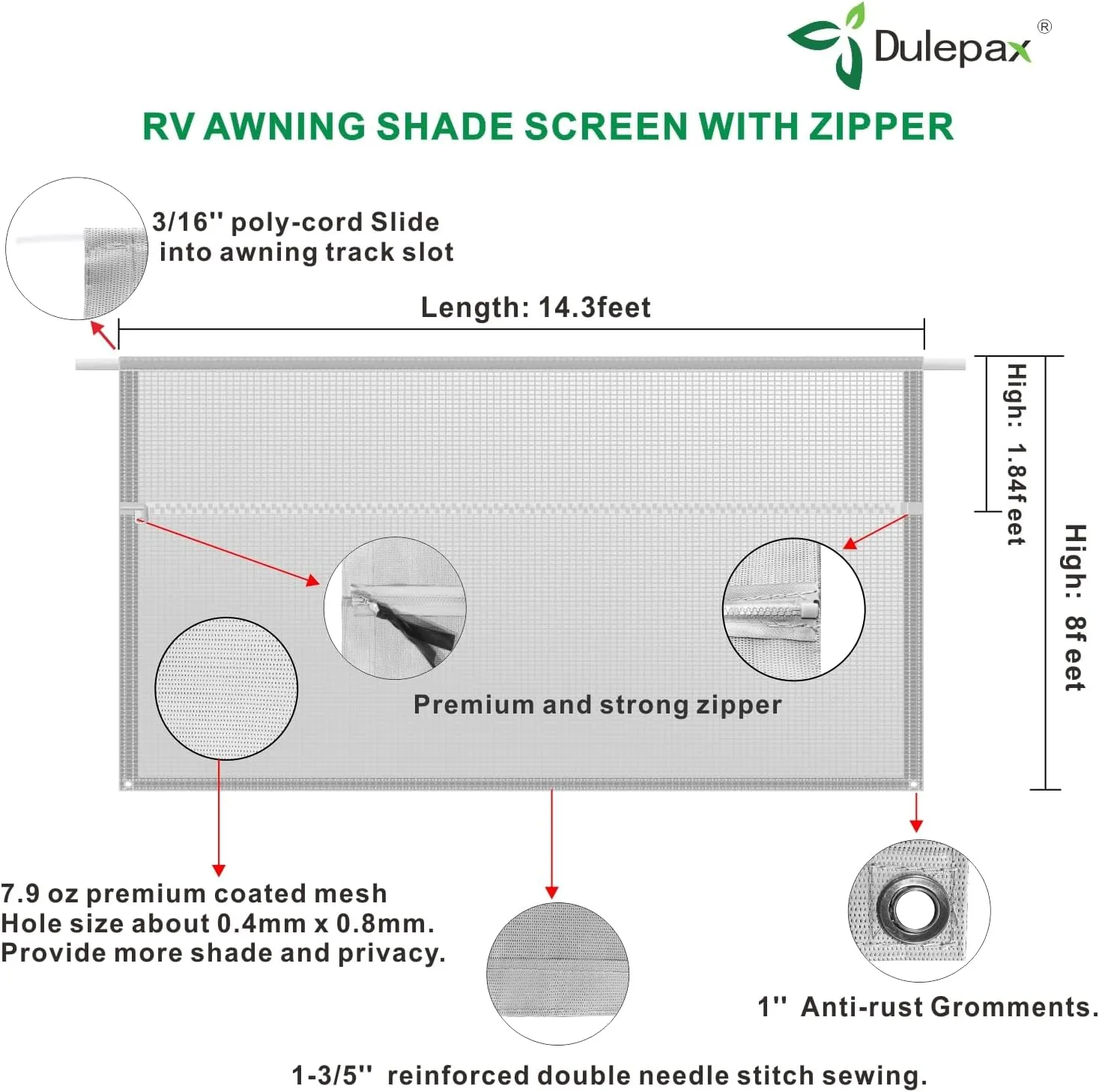 Dulepax RV Awning Shade Screen with Zipper 8'X14'3'' -Second Generation RV Awning Screen Significantly Improves Shadew and Privacy.Universal RV Awning Sun Shade Screen with Complete Kits