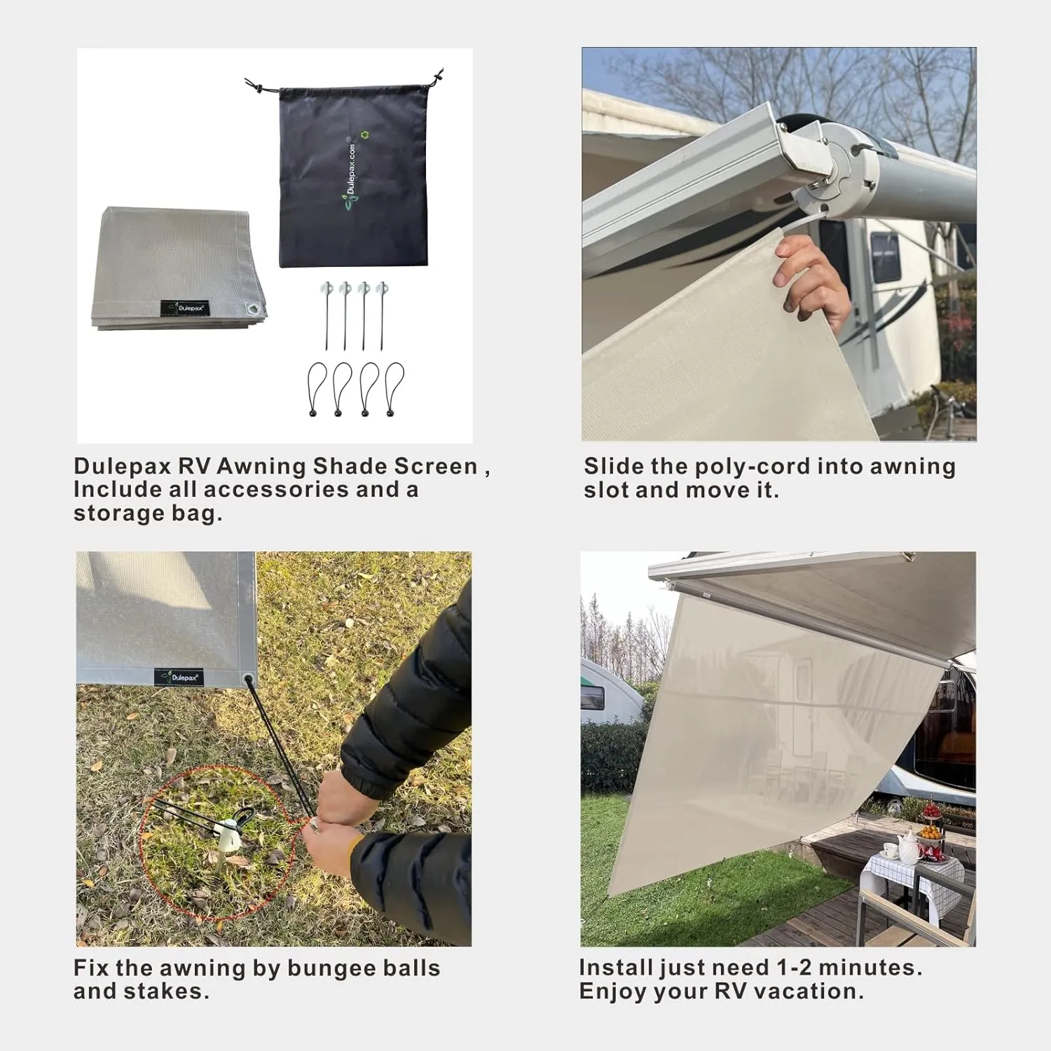Dulepax RV Awning Shade Screen with Zipper 8'X14'3'' -Second Generation RV Awning Screen Significantly Improves Shadew and Privacy.Universal RV Awning Sun Shade Screen with Complete Kits
