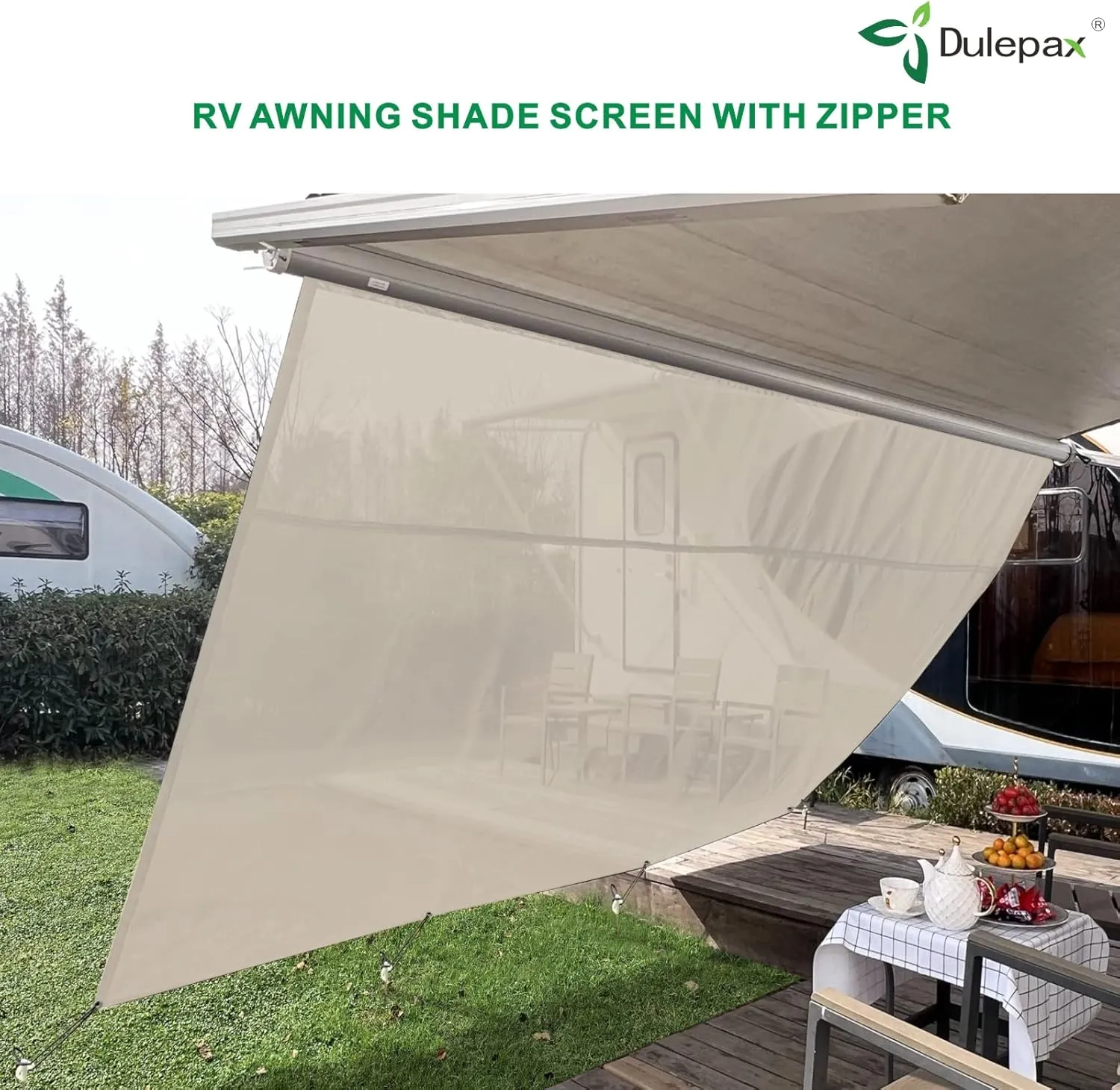 Dulepax RV Awning Shade Screen with Zipper 8'X14'3'' -Second Generation RV Awning Screen Significantly Improves Shadew and Privacy.Universal RV Awning Sun Shade Screen with Complete Kits