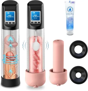 Electric Vacuum Vibrating Penis Pump - 6 Suction & 9 Vibration Intensities with Pocket Pussy, Penis Enlargement Extend Pump with LED Screen, Male Stamina Trainer for Bigger, Stronger Erections