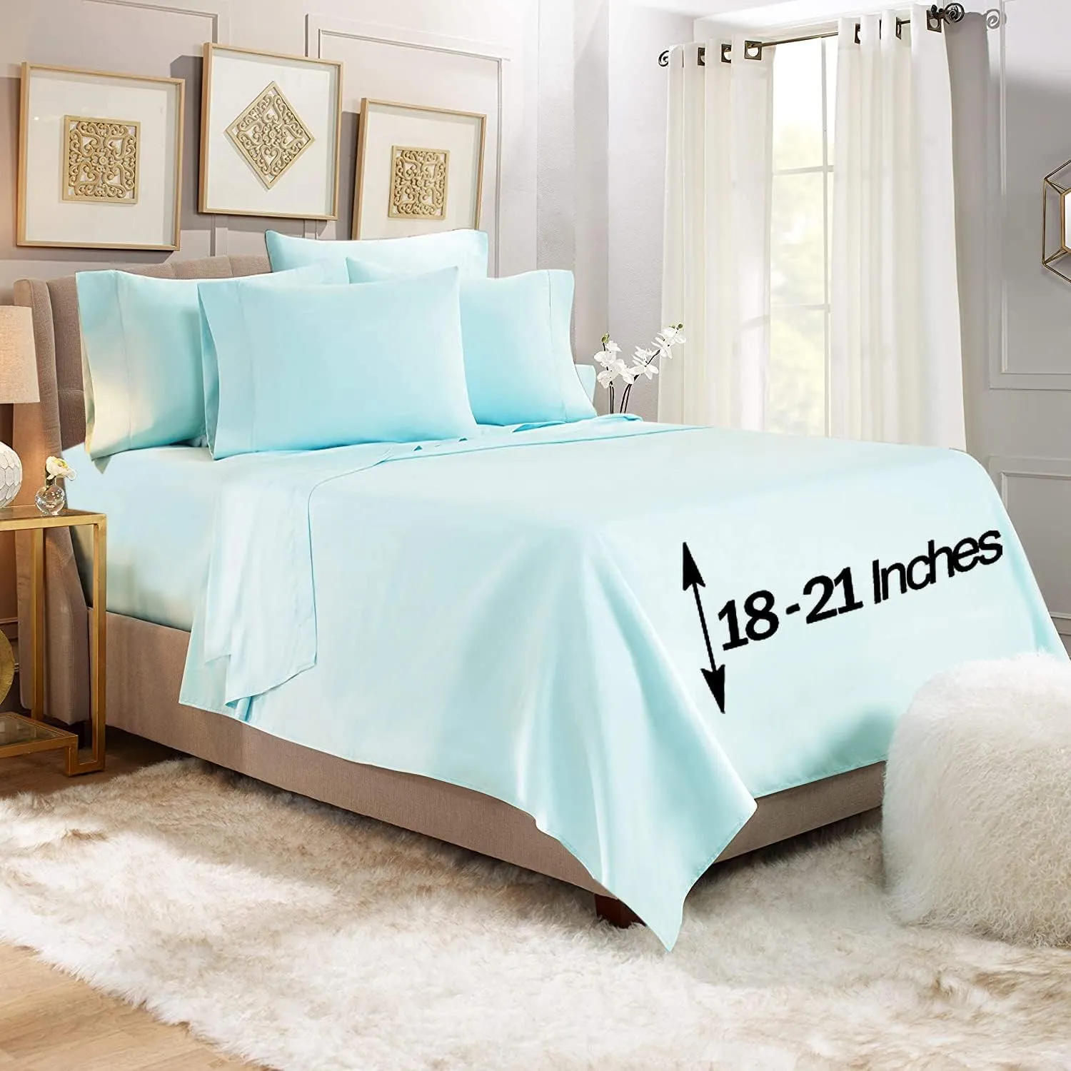 Empyrean Extra Deep Pocket Fitted Sheet - 110 GSM Deep Pocket Bed Sheet Set – Soft Deep Pocket 6 Piece Set - 60 x 80 inches - Queen Size Sheets - Light Baby Blue