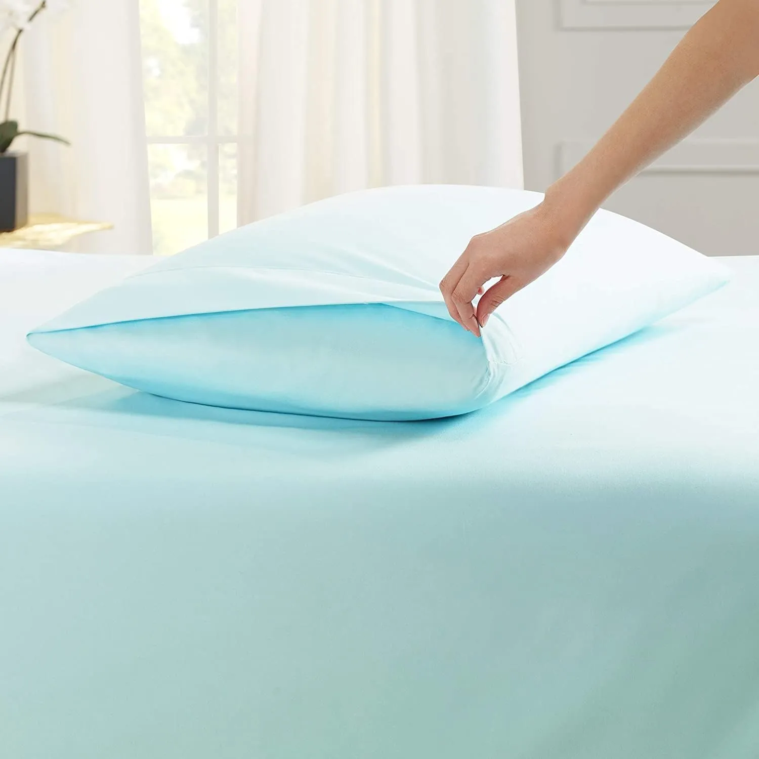 Empyrean Extra Deep Pocket Fitted Sheet - 110 GSM Deep Pocket Bed Sheet Set – Soft Deep Pocket 6 Piece Set - 60 x 80 inches - Queen Size Sheets - Light Baby Blue