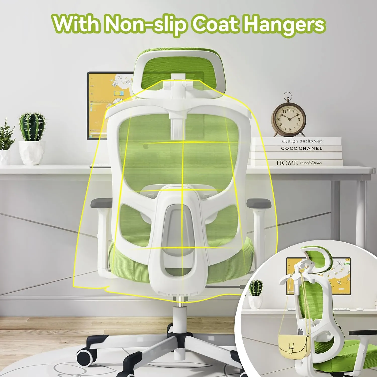 Ergonomic Office Chair Big Tall Reclining Gaming Chair Adjustable Lumbar Support 2D Armrest 6D Headrest Breathable Mesh Swivel Computer Chairs Home Task Desk Chair Coat Hanger Tilt Lock (Green)