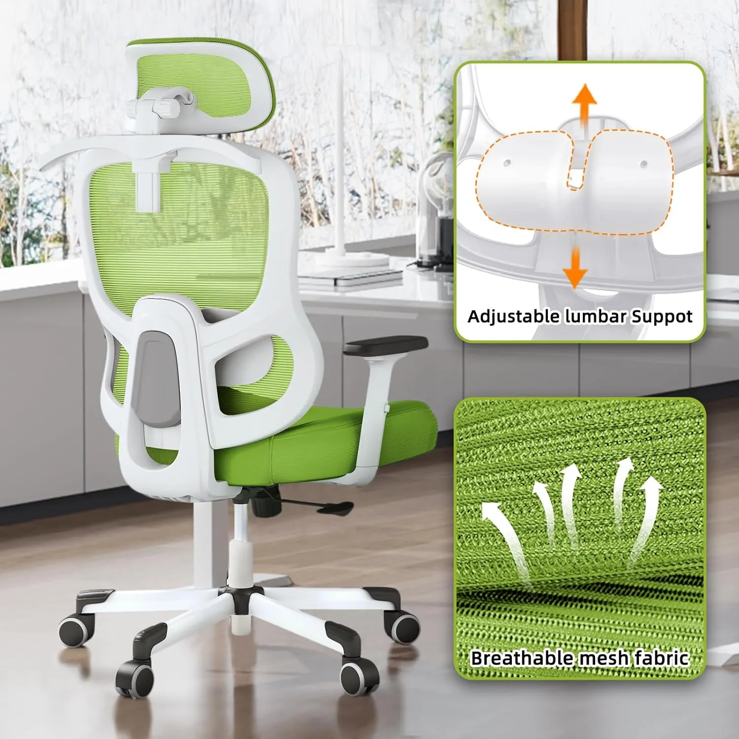 Ergonomic Office Chair Big Tall Reclining Gaming Chair Adjustable Lumbar Support 2D Armrest 6D Headrest Breathable Mesh Swivel Computer Chairs Home Task Desk Chair Coat Hanger Tilt Lock (Green)