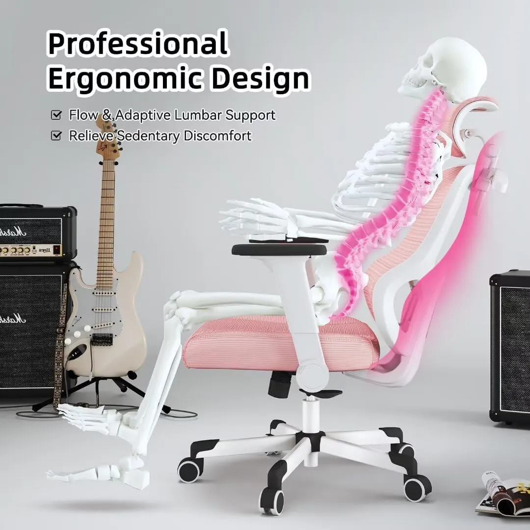 Ergonomic Office Chair Big Tall Reclining Gaming Chair Adjustable Lumbar Support 6D Armrest 6D Headrest Breathable Mesh Swivel Computer Chairs Home Task Desk Chair Wheels Coat Hanger Tilt Lock Pink