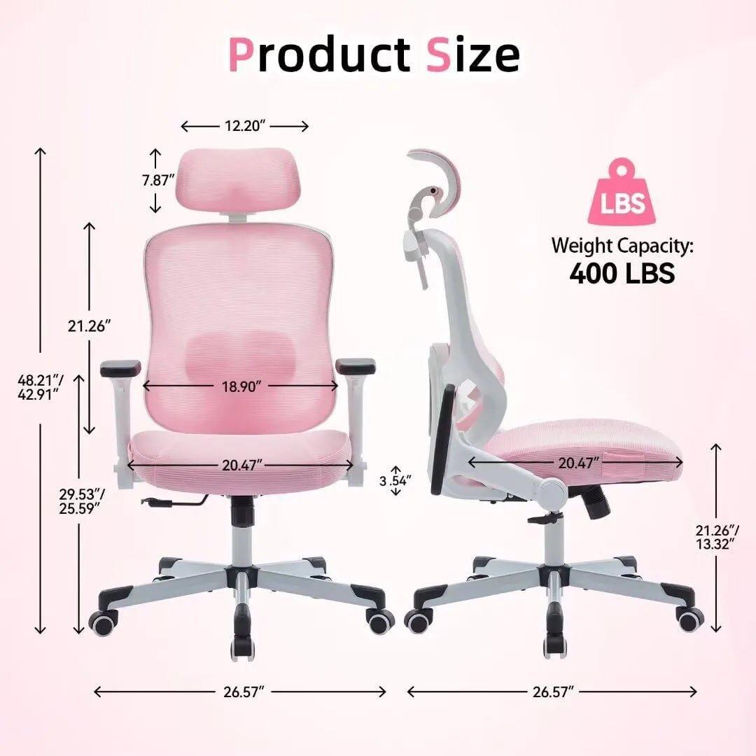 Ergonomic Office Chair Big Tall Reclining Gaming Chair Adjustable Lumbar Support 6D Armrest 6D Headrest Breathable Mesh Swivel Computer Chairs Home Task Desk Chair Wheels Coat Hanger Tilt Lock Pink