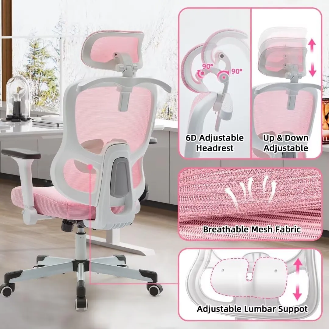 Ergonomic Office Chair Big Tall Reclining Gaming Chair Adjustable Lumbar Support 6D Armrest 6D Headrest Breathable Mesh Swivel Computer Chairs Home Task Desk Chair Wheels Coat Hanger Tilt Lock Pink