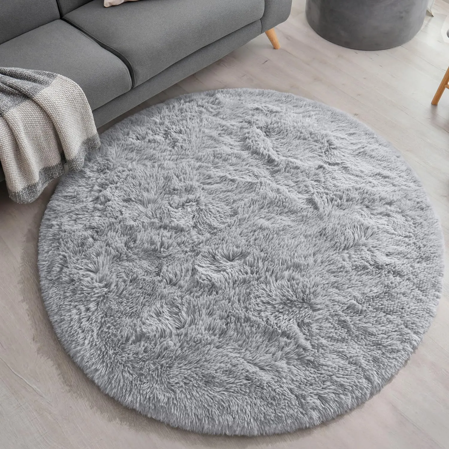 EVOIONOS Grey Round Rug for Bedroom, 4x4 Ft Fluffy Soft Circle Area Rugs for Living Room, Plush Shaggy Circular Carpet for Indoor Floor Bedside Kids Nursery, Machine-Washable Home Decor Aesthetic