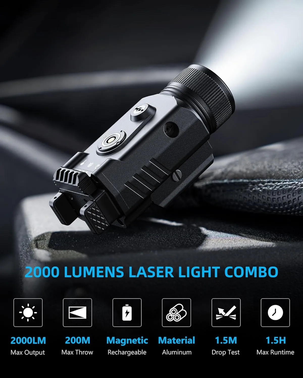 EZshoot 2000 Lumen Laser Light Combo for Pistol, High Lumen LED Tactical Flashlight with Quick Install Adjustable Slide Rail, Magnetic Rechargeable Strobe Green Laser Light for Picatinny Rail