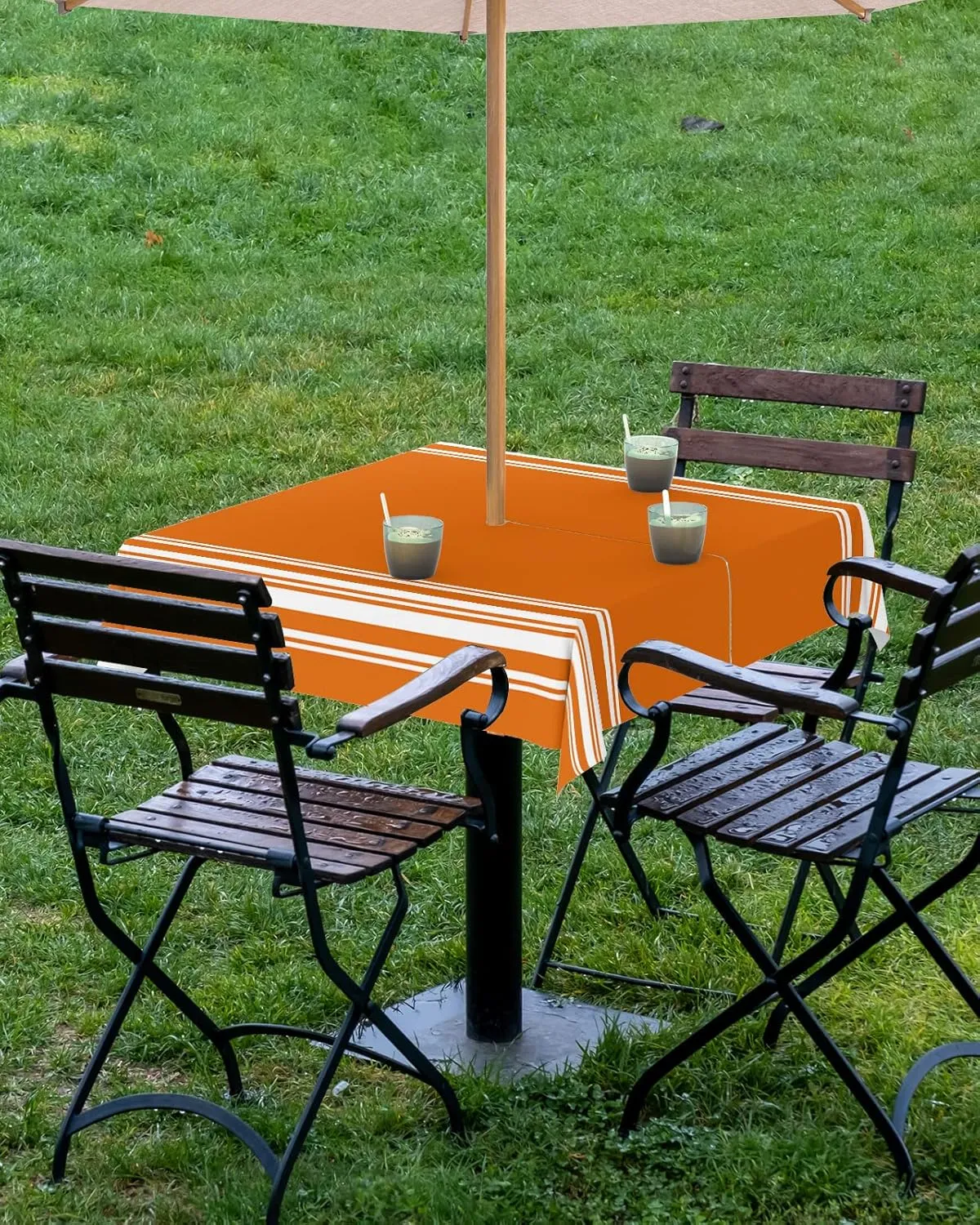 Fall Outdoor Tablecloth with Umbrella Hole, Farmhouse Orange White Stripe Square Tables Zippered Table Cloth Waterproof Tabletop Table Cover Collection for Patio, Garden, Picnic, Camping, Dining
