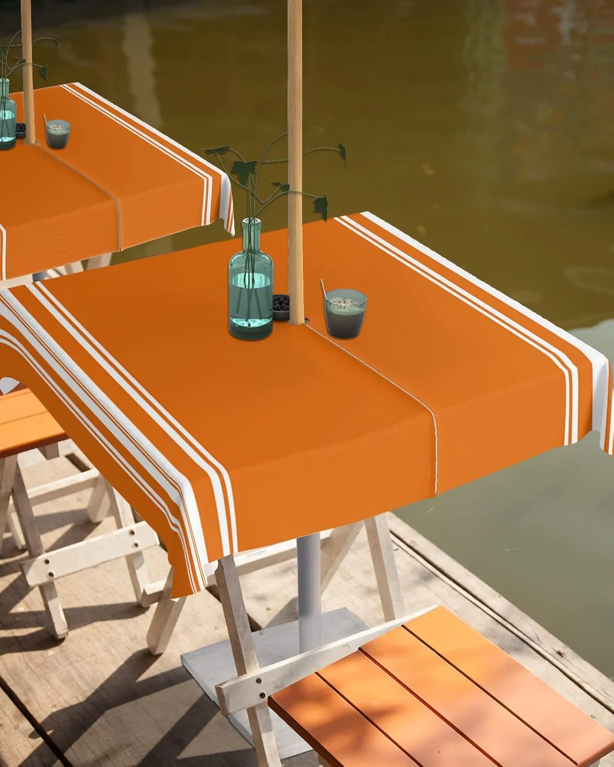 Fall Outdoor Tablecloth with Umbrella Hole, Farmhouse Orange White Stripe Square Tables Zippered Table Cloth Waterproof Tabletop Table Cover Collection for Patio, Garden, Picnic, Camping, Dining