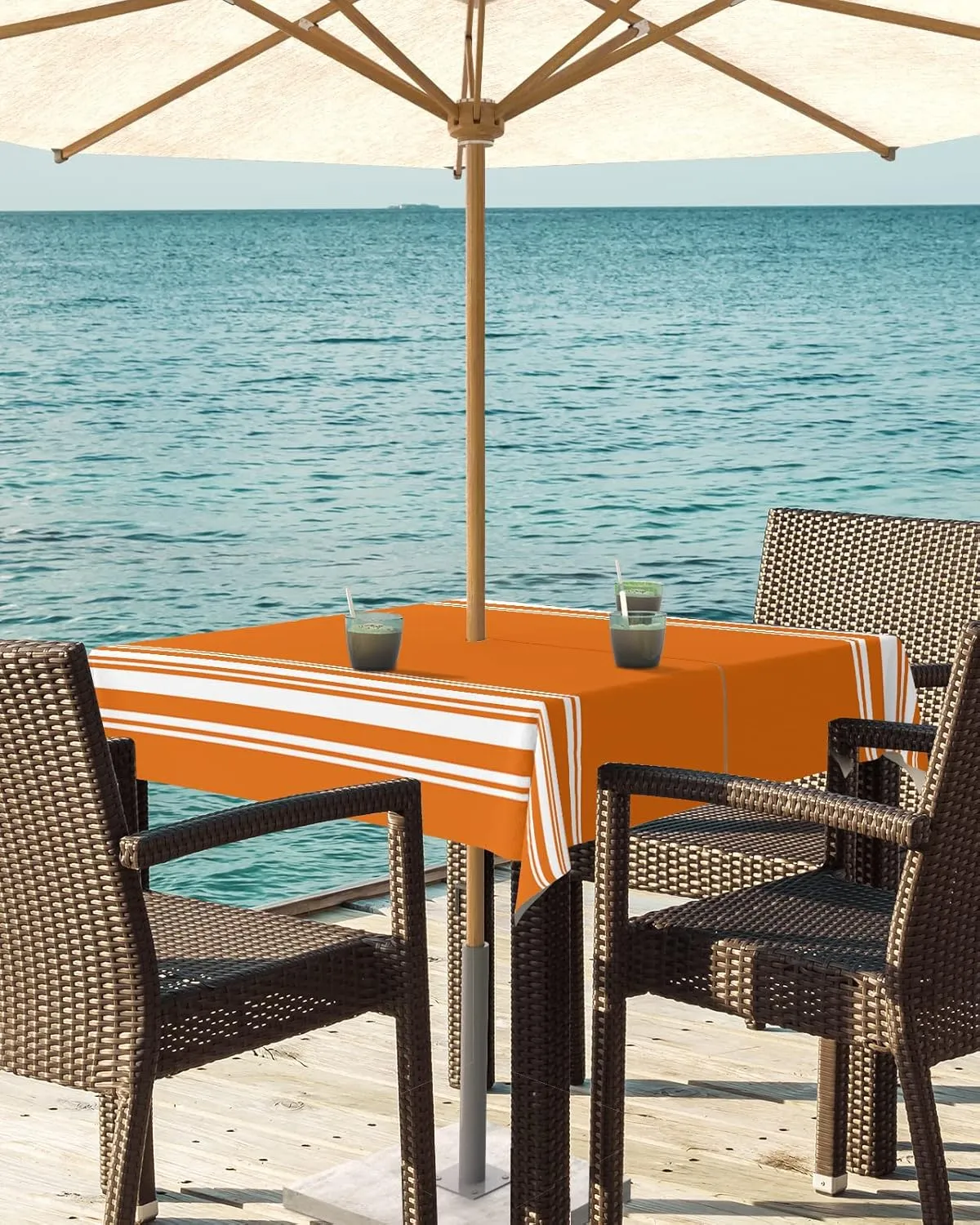 Fall Outdoor Tablecloth with Umbrella Hole, Farmhouse Orange White Stripe Square Tables Zippered Table Cloth Waterproof Tabletop Table Cover Collection for Patio, Garden, Picnic, Camping, Dining