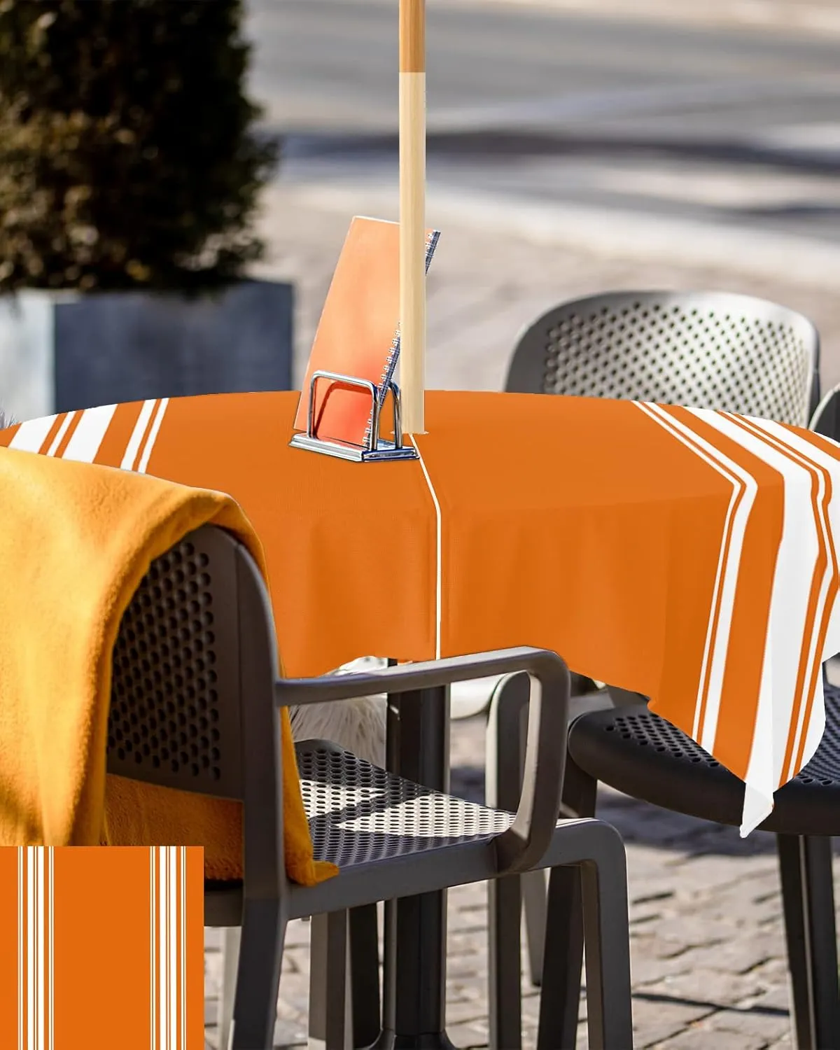 Fall Outdoor Tablecloth with Umbrella Hole, Farmhouse Orange White Stripe Square Tables Zippered Table Cloth Waterproof Tabletop Table Cover Collection for Patio, Garden, Picnic, Camping, Dining