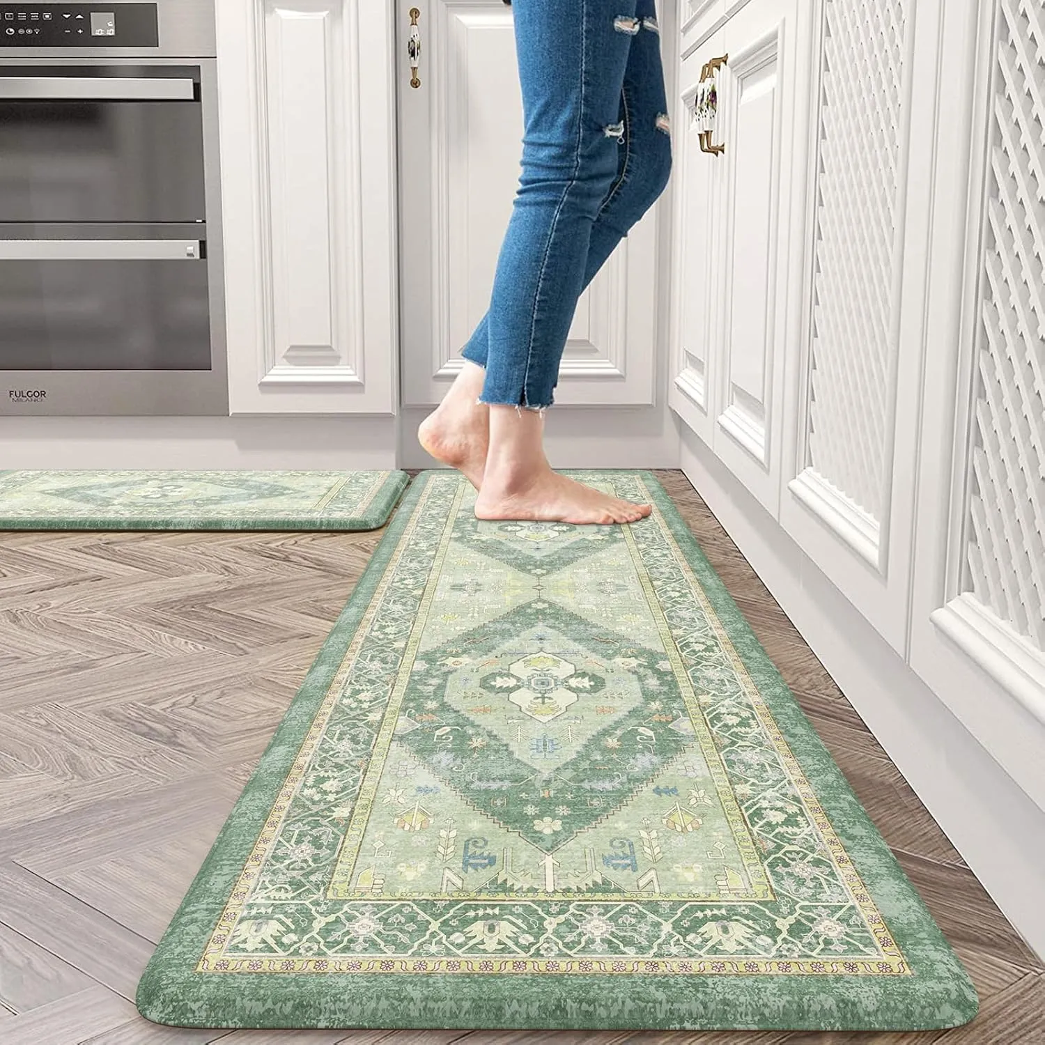 Farmhouse Anti Fatigue Kitchen Mats for Floor,Non Slip Rubber Runners for Kitchen Floor,Distressed Ergonomic Kitchen Rugs Waterproof Comfort Memory Foam Kitchen Mat(Green)