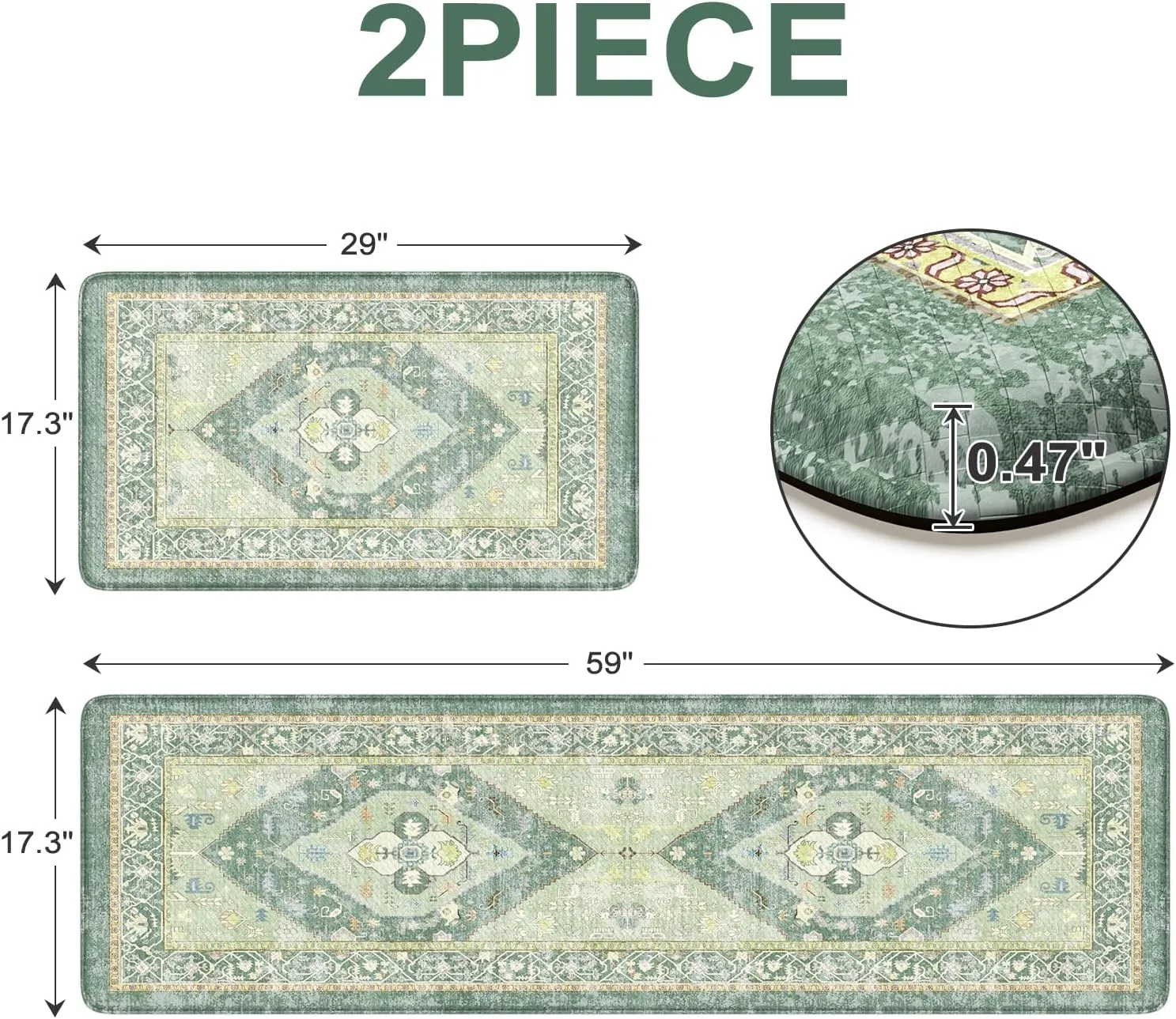 Farmhouse Anti Fatigue Kitchen Mats for Floor,Non Slip Rubber Runners for Kitchen Floor,Distressed Ergonomic Kitchen Rugs Waterproof Comfort Memory Foam Kitchen Mat(Green)