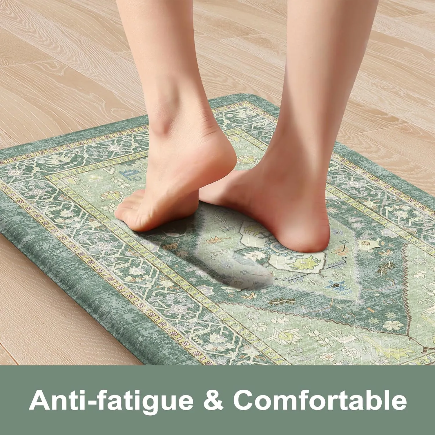 Farmhouse Anti Fatigue Kitchen Mats for Floor,Non Slip Rubber Runners for Kitchen Floor,Distressed Ergonomic Kitchen Rugs Waterproof Comfort Memory Foam Kitchen Mat(Green)
