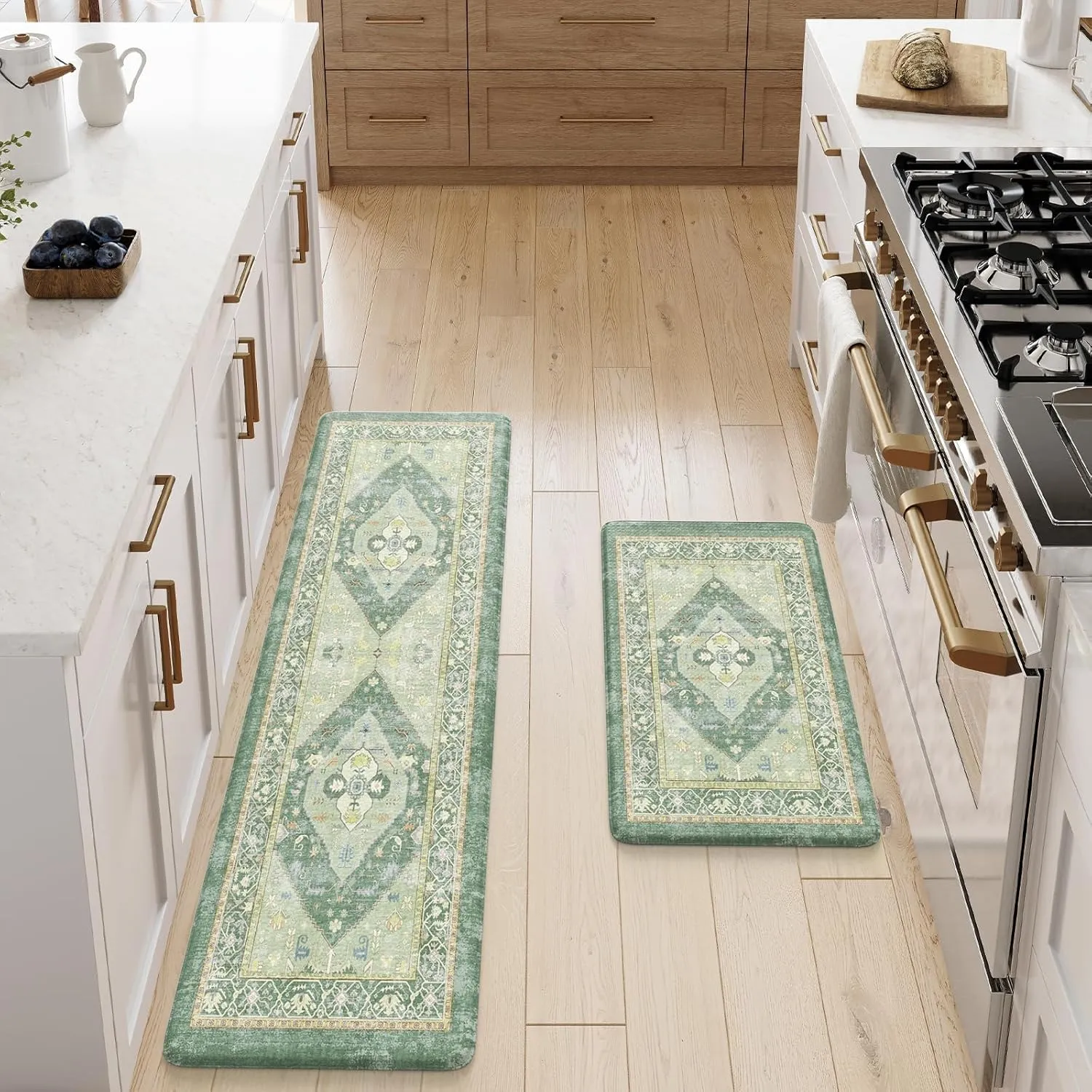 Farmhouse Anti Fatigue Kitchen Mats for Floor,Non Slip Rubber Runners for Kitchen Floor,Distressed Ergonomic Kitchen Rugs Waterproof Comfort Memory Foam Kitchen Mat(Green)
