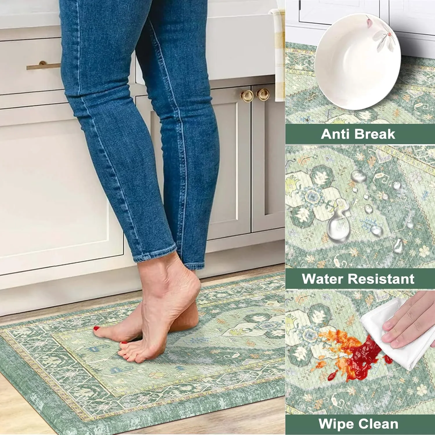 Farmhouse Anti Fatigue Kitchen Mats for Floor,Non Slip Rubber Runners for Kitchen Floor,Distressed Ergonomic Kitchen Rugs Waterproof Comfort Memory Foam Kitchen Mat(Green)