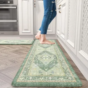 Farmhouse Anti Fatigue Kitchen Mats for Floor,Non Slip Rubber Runners for Kitchen Floor,Distressed Ergonomic Kitchen Rugs Waterproof Comfort Memory Foam Kitchen Mat(Green)