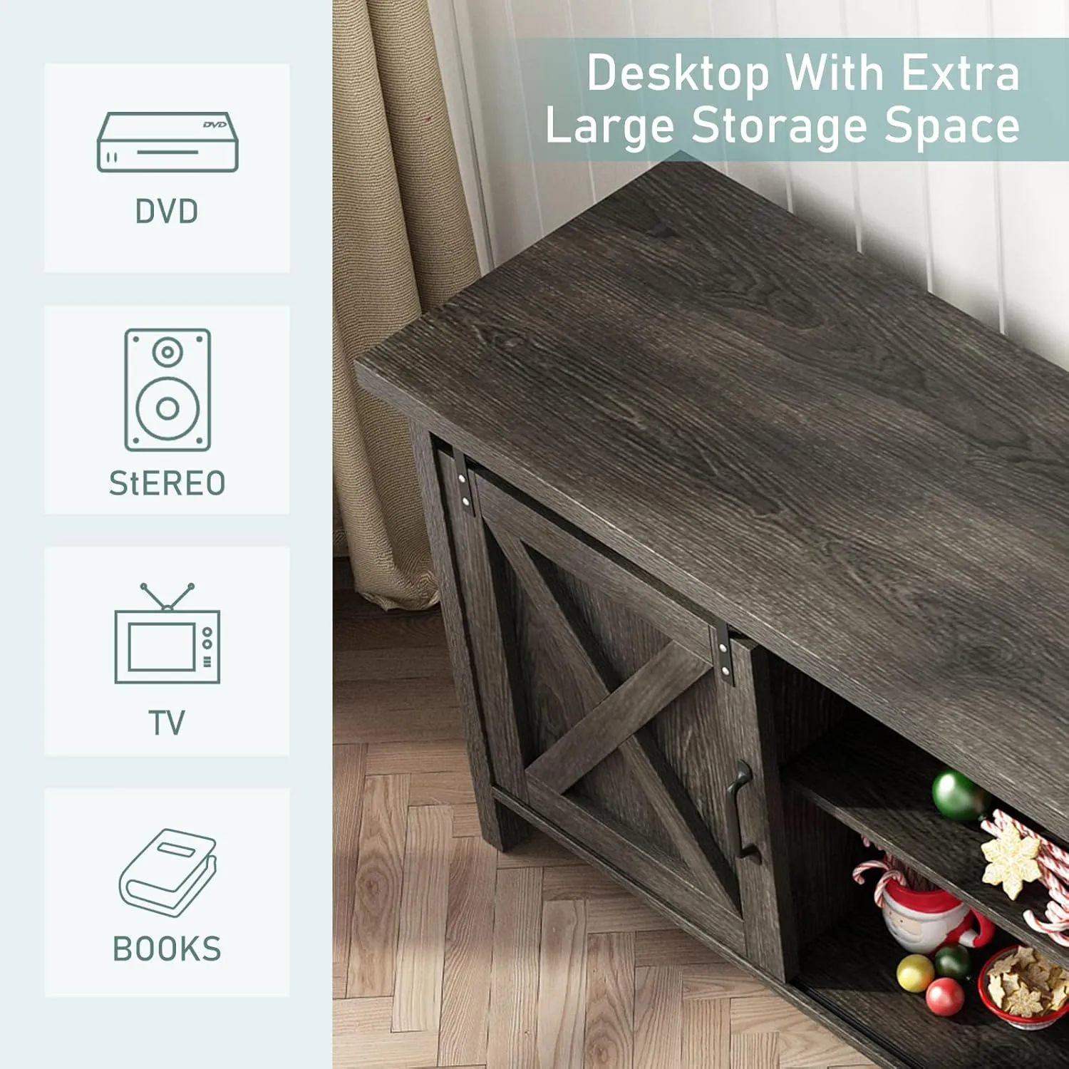 Farmhouse TV Stand for 50-65 inch TV with Adjustable Storage Shelves, Sliding Barn Door. Rustic Wooden Entertainment Center for Bedroom or Living Room (Dark Grey, 58 In)