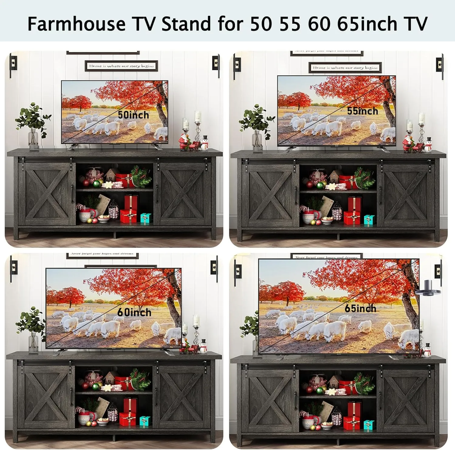 Farmhouse TV Stand for 50-65 inch TV with Adjustable Storage Shelves, Sliding Barn Door. Rustic Wooden Entertainment Center for Bedroom or Living Room (Dark Grey, 58 In)
