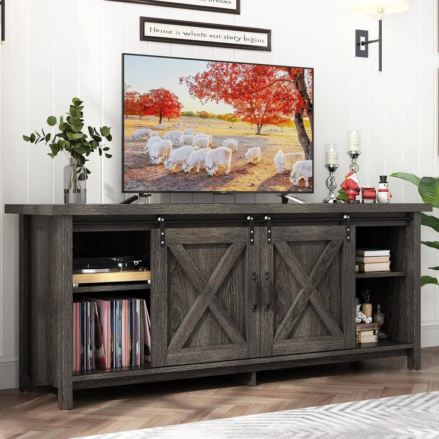 Farmhouse TV Stand for 50-65 inch TV with Adjustable Storage Shelves, Sliding Barn Door. Rustic Wooden Entertainment Center for Bedroom or Living Room (Dark Grey, 58 In)