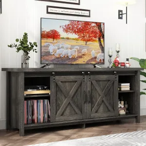 Farmhouse TV Stand for 50-65 inch TV with Adjustable Storage Shelves, Sliding Barn Door. Rustic Wooden Entertainment Center for Bedroom or Living Room (Dark Grey, 58 In)