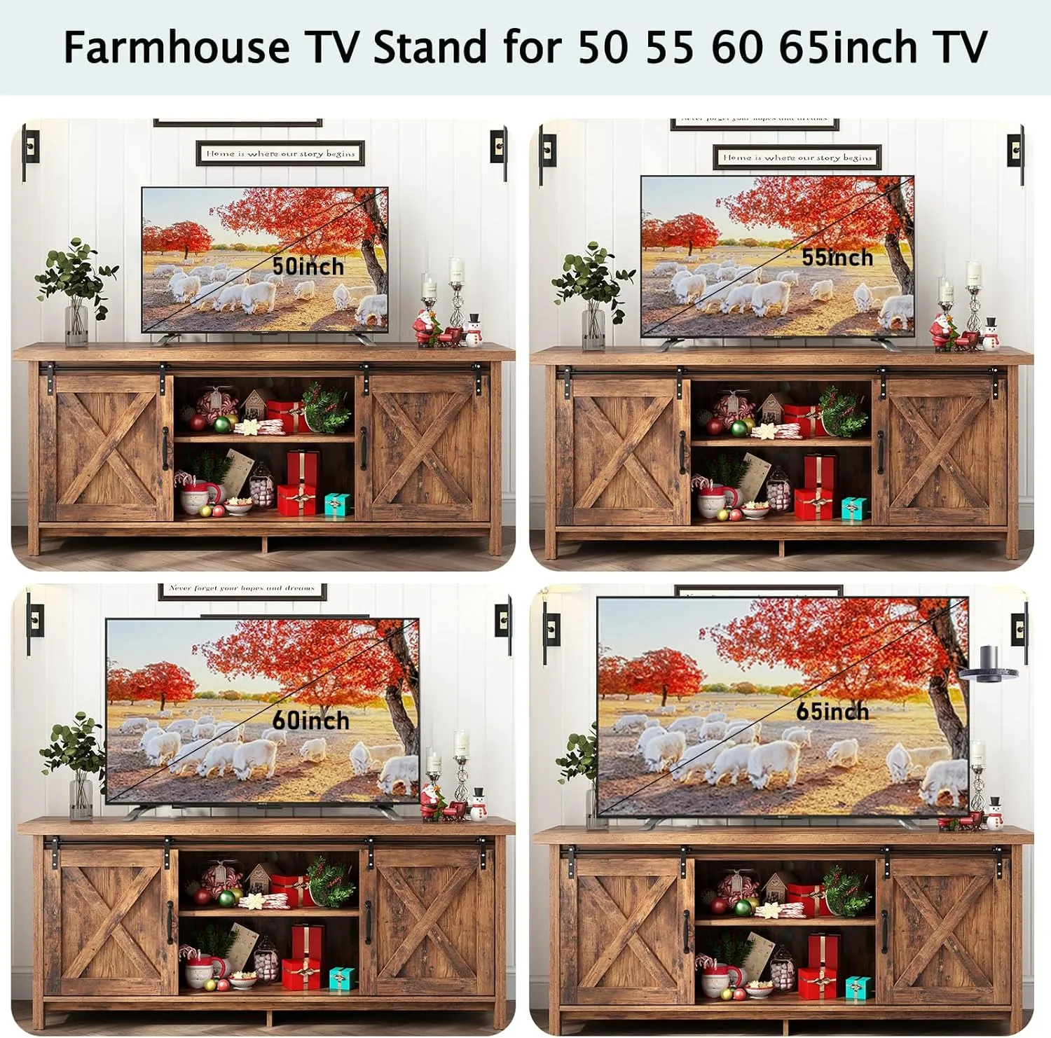 Farmhouse TV Stand for 55-65in TV with Adjustable Shelves & Sliding Barn Door - Rustic, Wooden Entertainment Center & Media Cabinet for Bedroom, Living Room (Dark Brown, 58in)