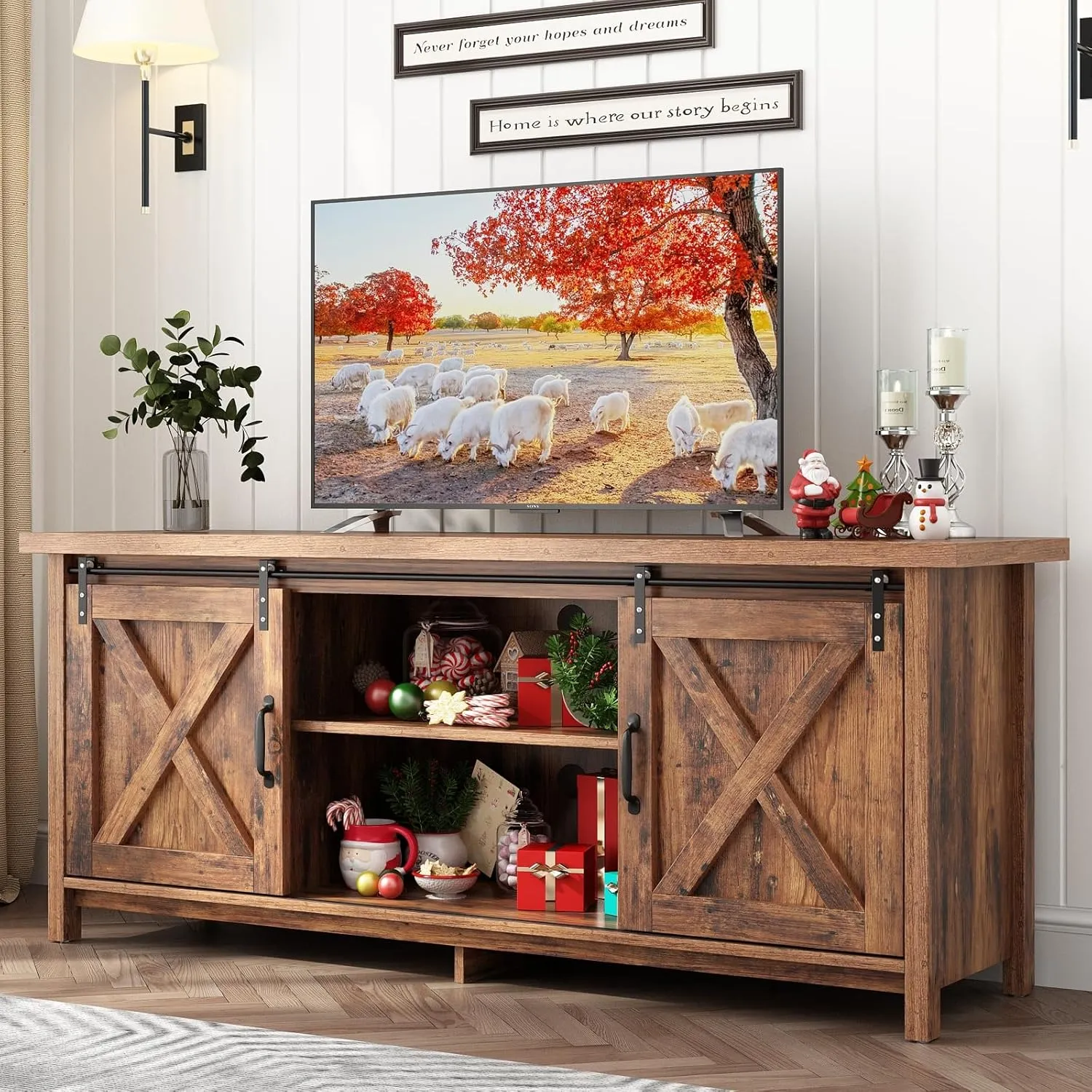 Farmhouse TV Stand for 55-65in TV with Adjustable Shelves & Sliding Barn Door - Rustic, Wooden Entertainment Center & Media Cabinet for Bedroom, Living Room (Dark Brown, 58in)