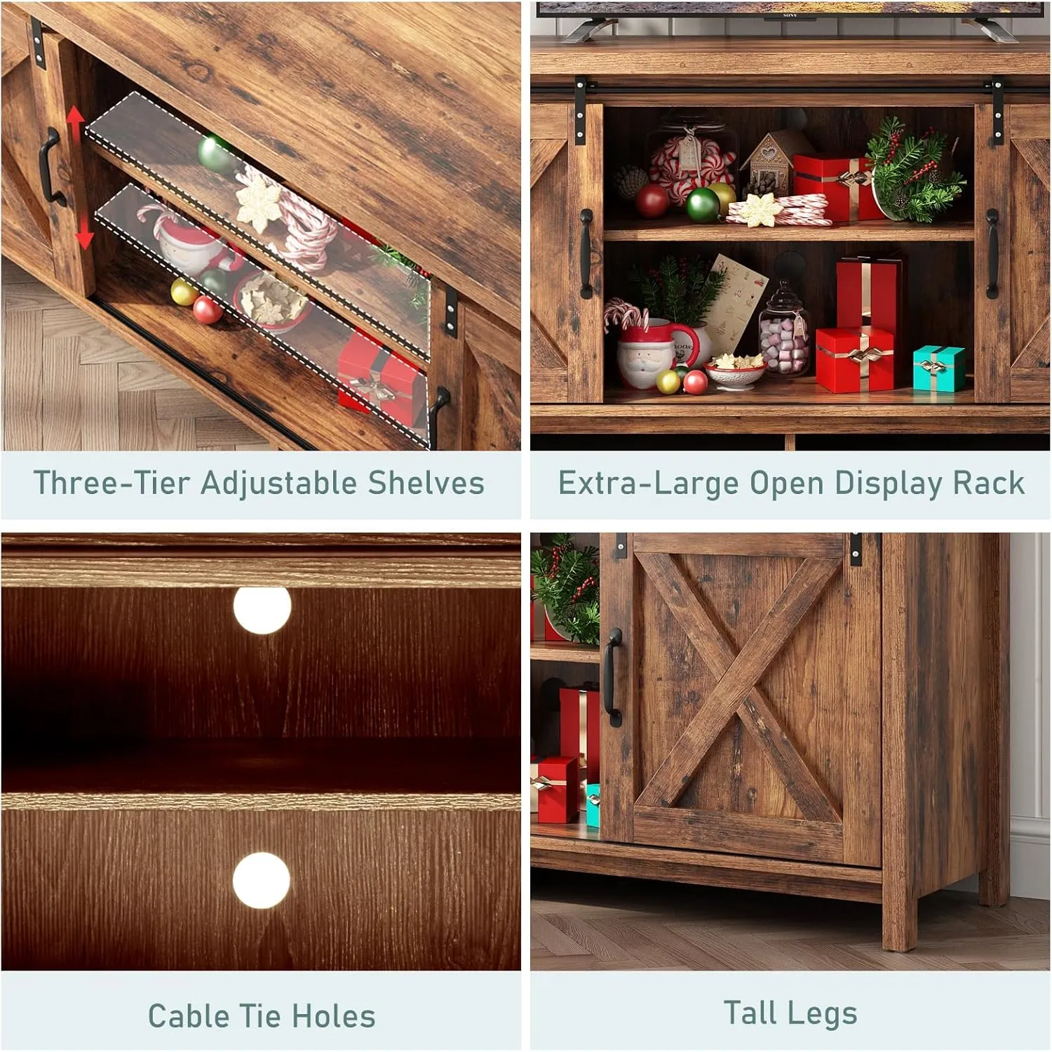 Farmhouse TV Stand for 55-65in TV with Adjustable Shelves & Sliding Barn Door - Rustic, Wooden Entertainment Center & Media Cabinet for Bedroom, Living Room (Dark Brown, 58in)
