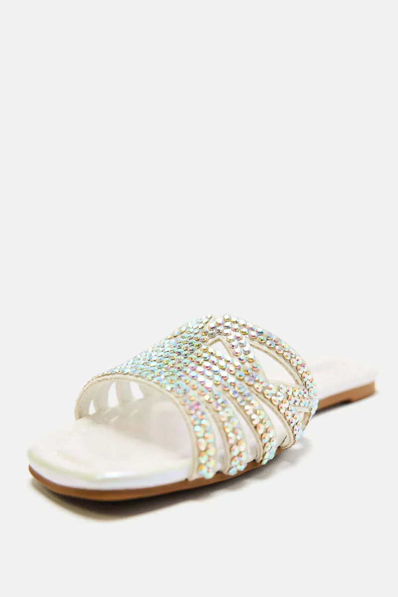 Fashionova Flourishing embellished Flat Slippers -Pearl