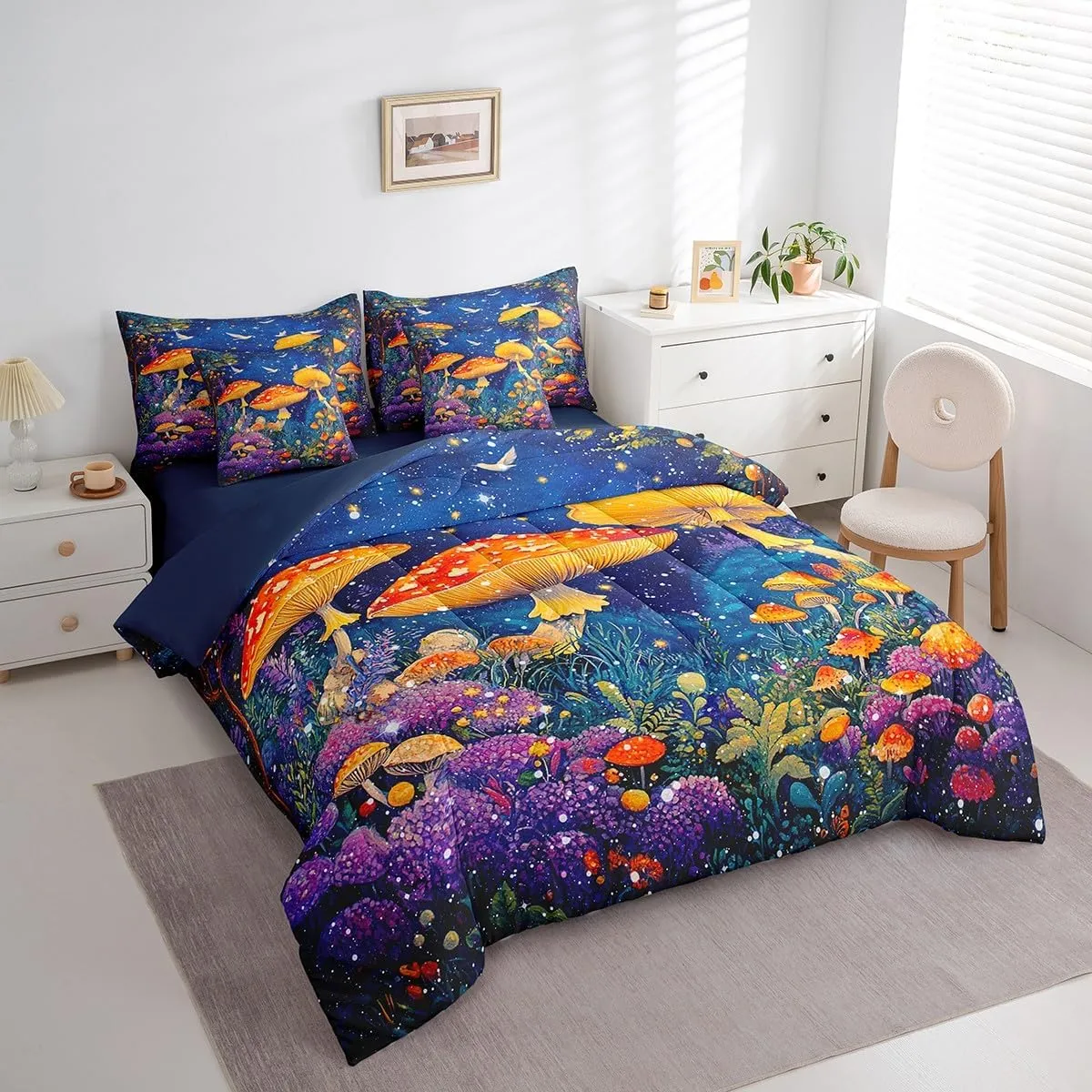 Feelyou Cute Mushroom Decor 7 Pieces Comforter Sets Natural Mushrooms Bedding Set for All Season for Kids Boys Girls Dreamy Fungus Bed in a Bag with Comforter, Sheets, Pillowcases & Cushion Cover