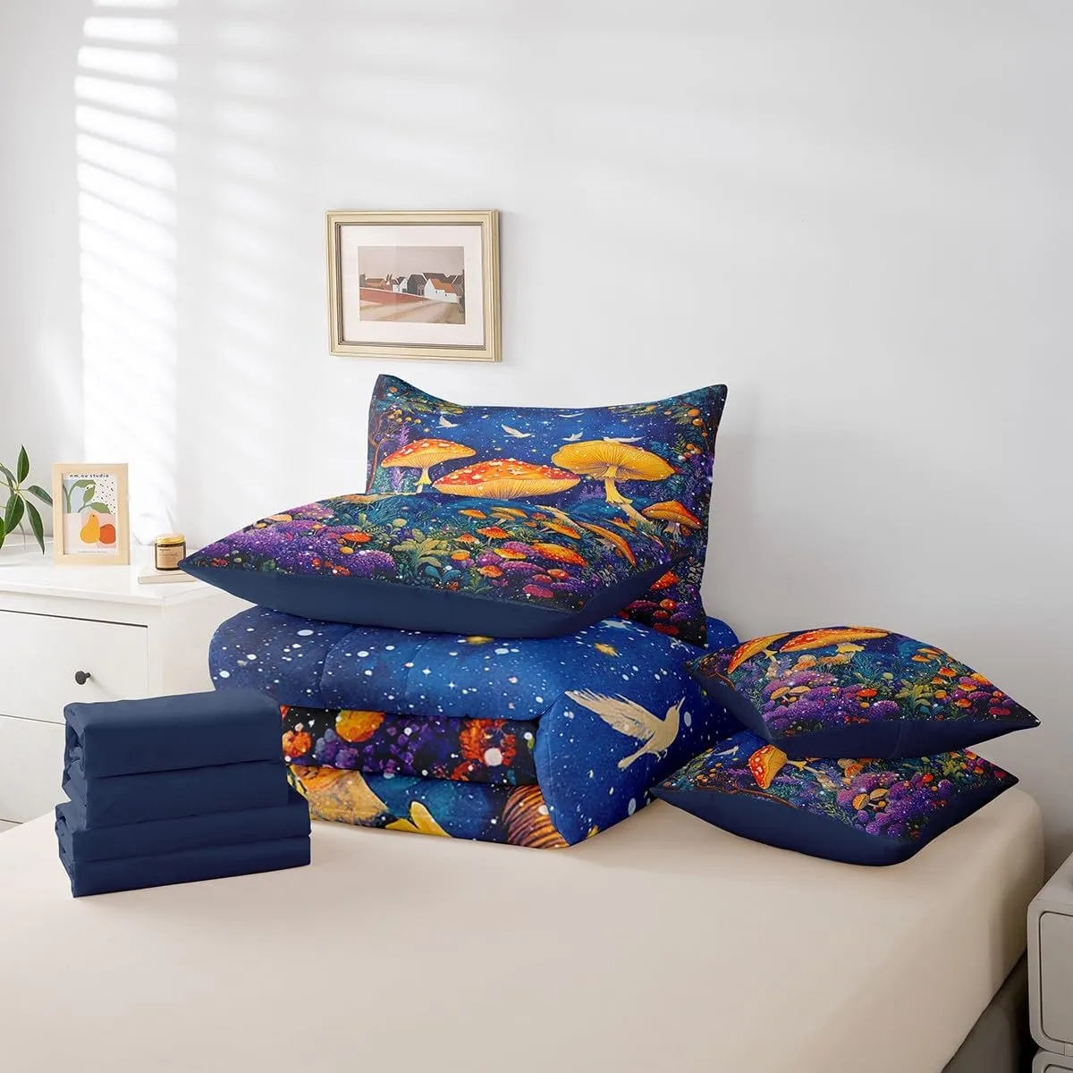 Feelyou Cute Mushroom Decor 7 Pieces Comforter Sets Natural Mushrooms Bedding Set for All Season for Kids Boys Girls Dreamy Fungus Bed in a Bag with Comforter, Sheets, Pillowcases & Cushion Cover